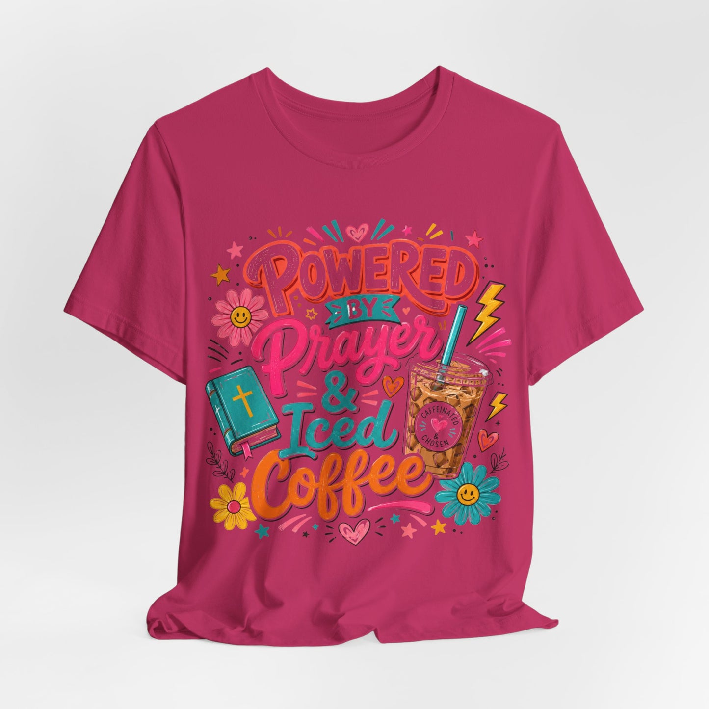 Prayer & Iced Coffee T-Shirt — "Powered by Prayer & Iced Coffee" Christian Tee