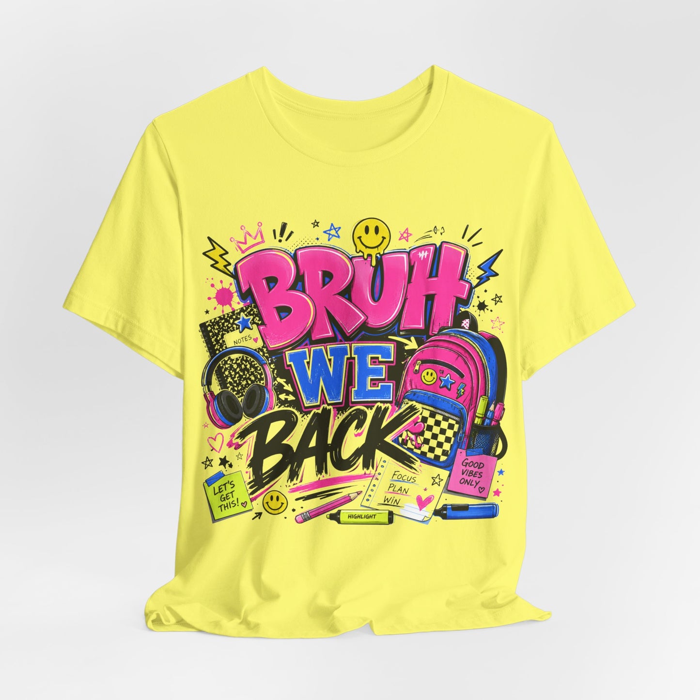 Bruh We Back T-Shirt — Retro School Backpack & Headphones Graphic Tee