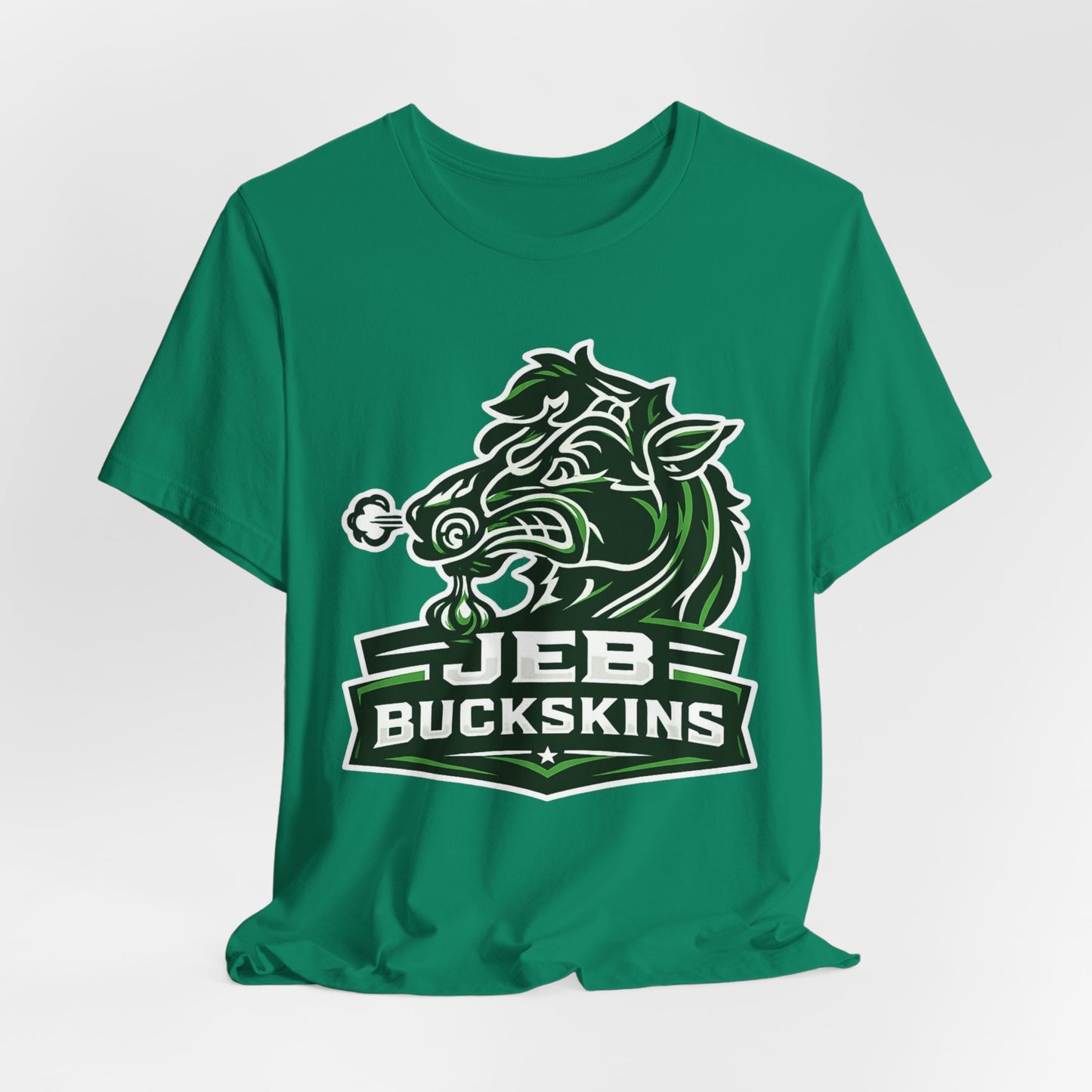 Jeb Buckskins Team Logo T-Shirt — Mascot Sports Tee (White)