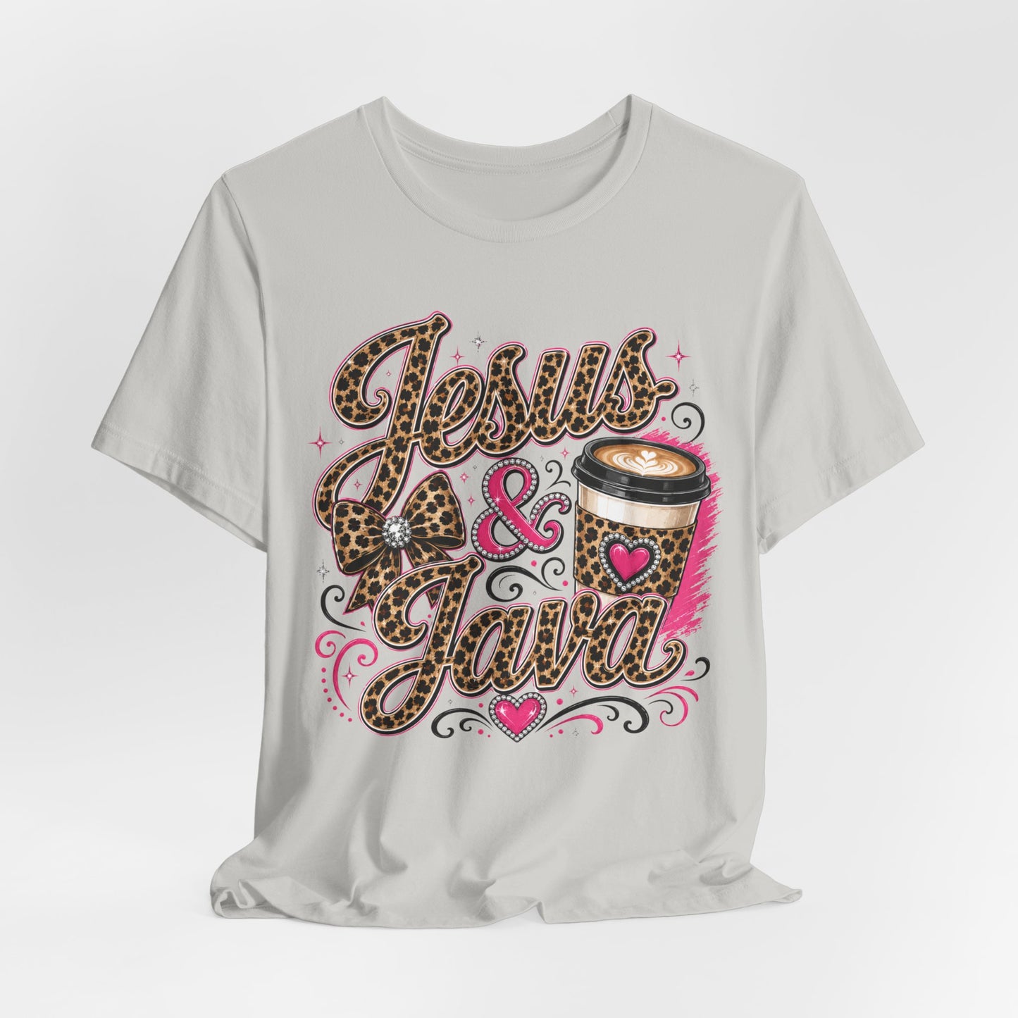 Jesus & Java Leopard Coffee Tee — Faith-Inspired Graphic T-Shirt