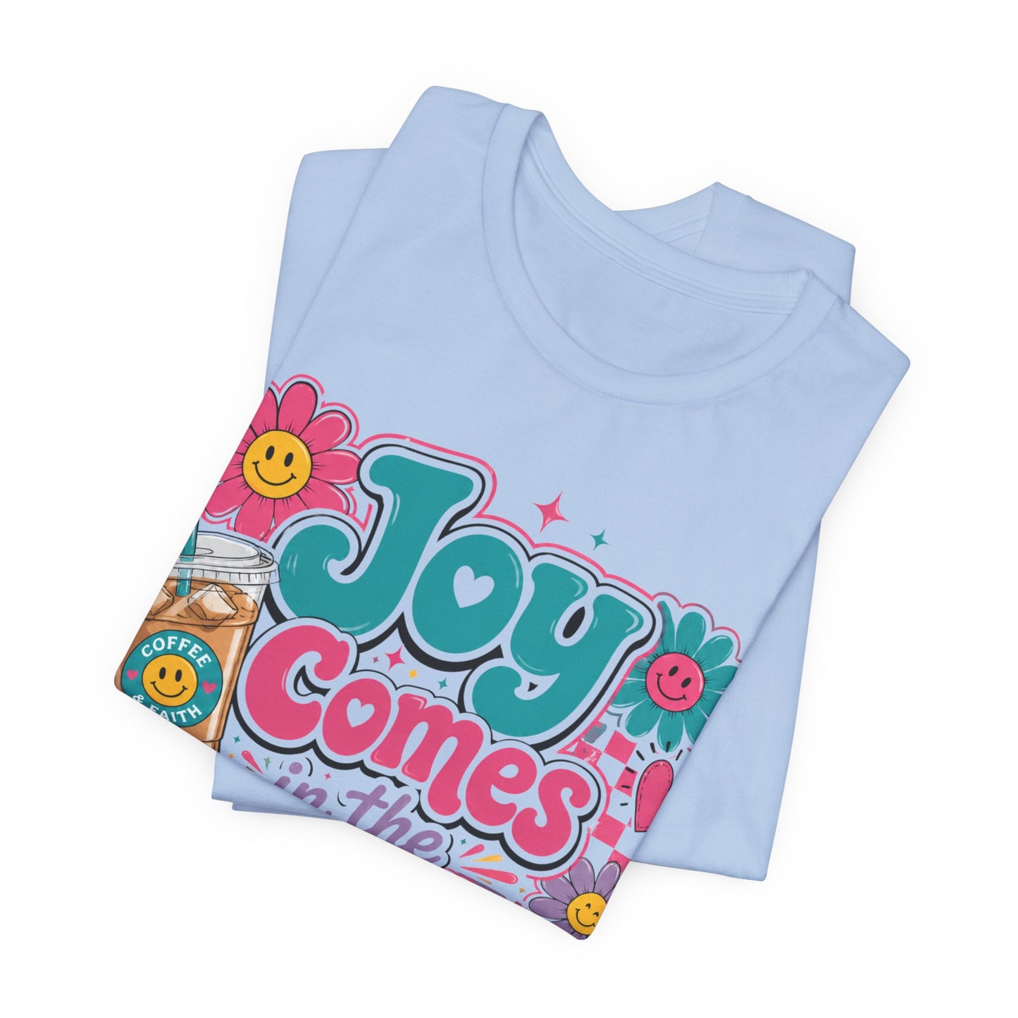 Joy Comes in the Morning Tee — Retro Floral Sunrise Coffee T‑Shirt