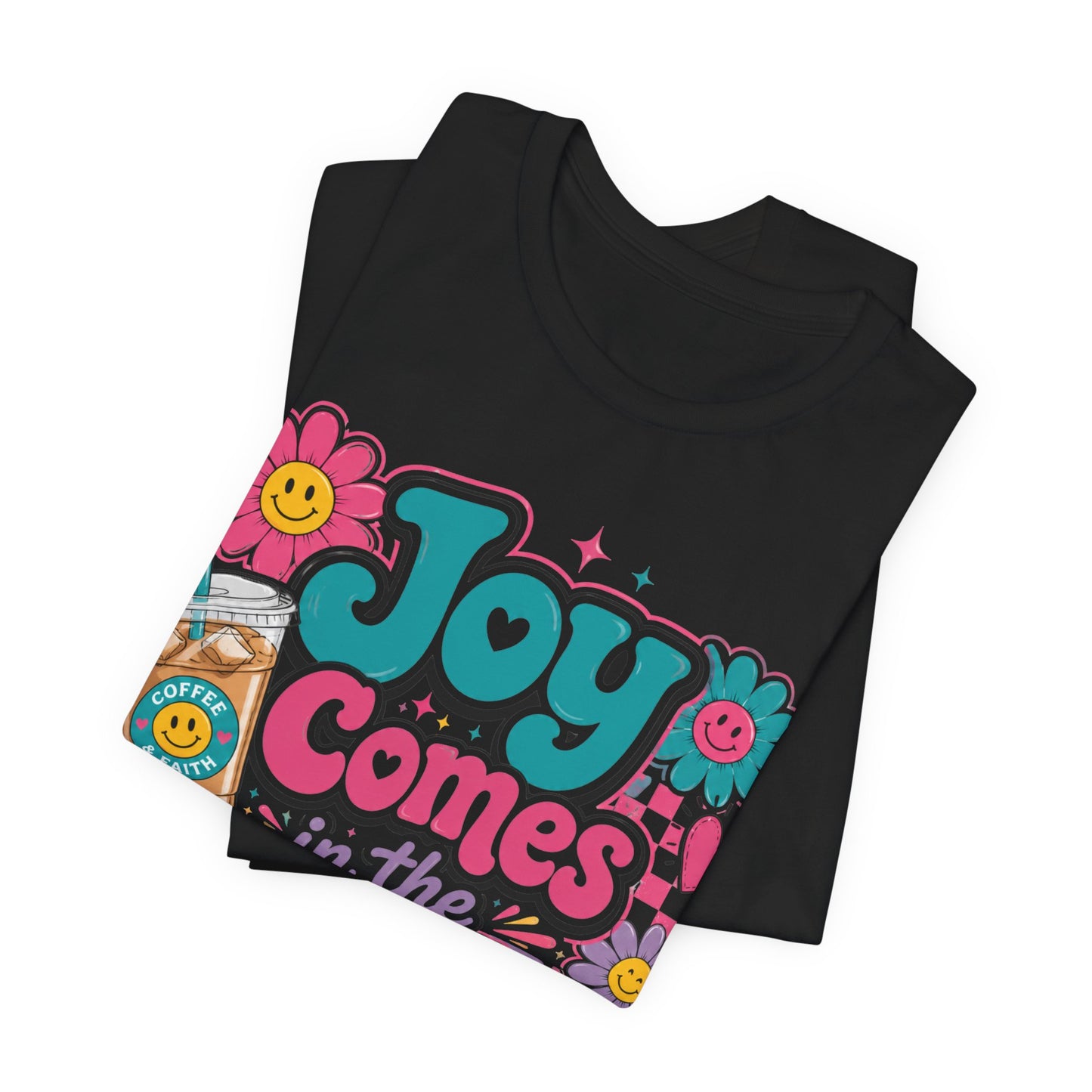 Joy Comes in the Morning Tee — Retro Floral Sunrise Coffee T‑Shirt