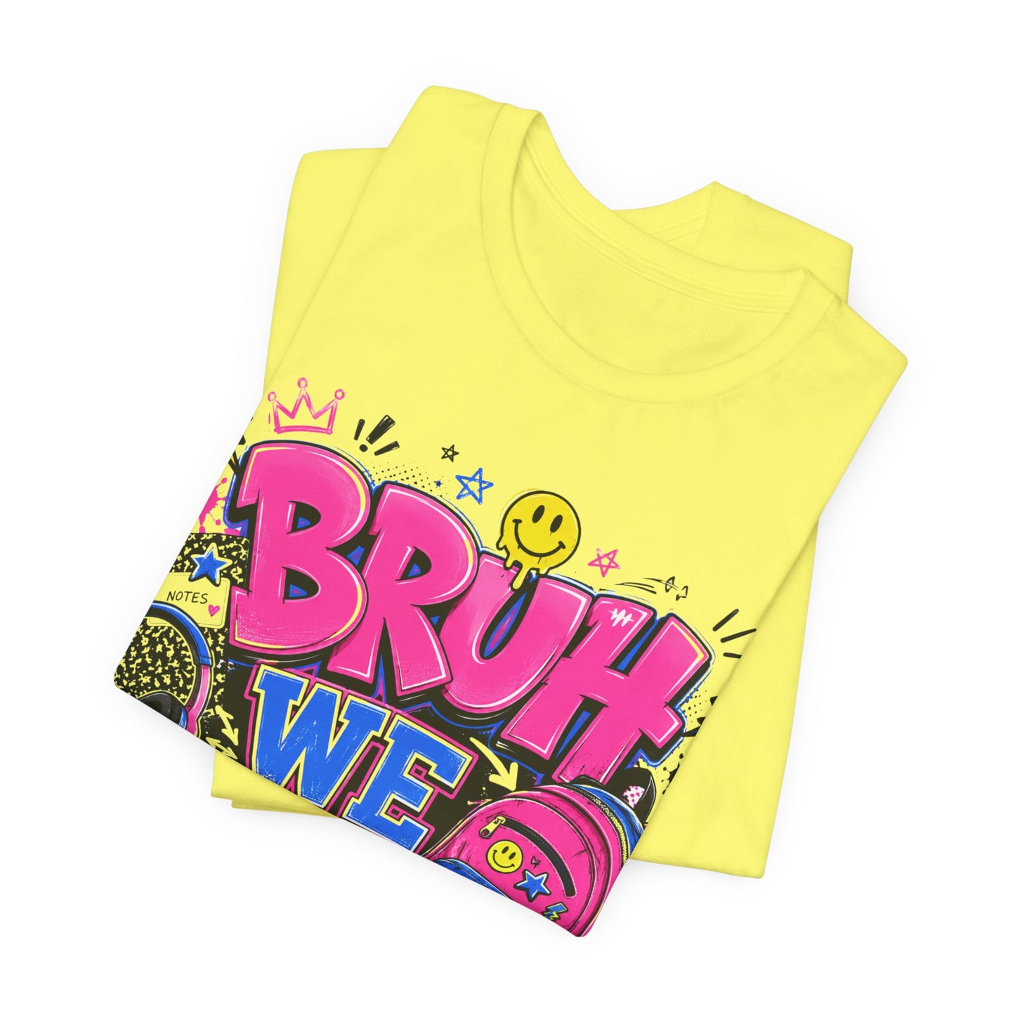 Bruh We Back T-Shirt — Retro School Backpack & Headphones Graphic Tee