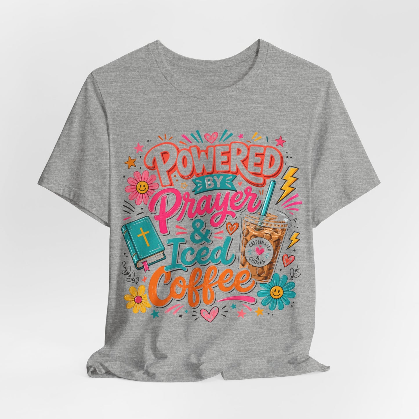 Prayer & Iced Coffee T-Shirt — "Powered by Prayer & Iced Coffee" Christian Tee