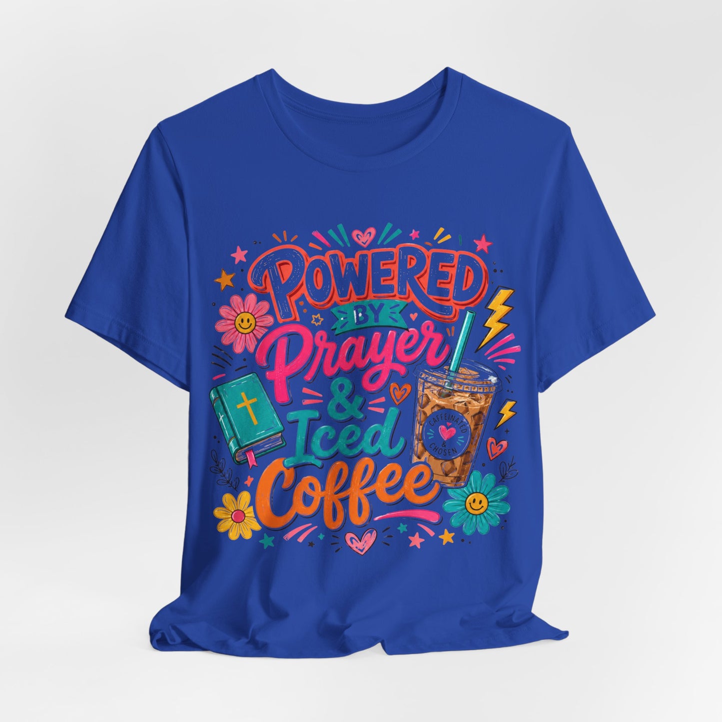 Prayer & Iced Coffee T-Shirt — "Powered by Prayer & Iced Coffee" Christian Tee