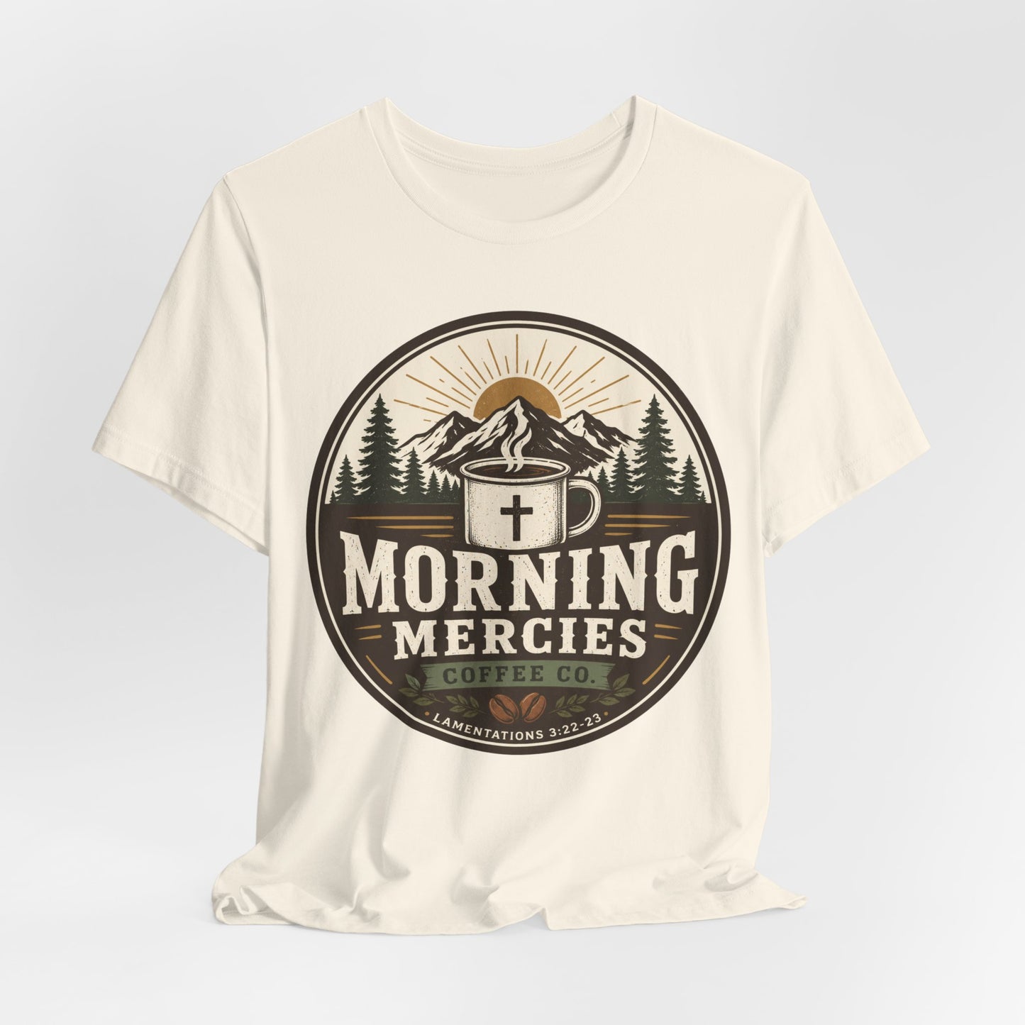 Morning Mercies Coffee Tee — Christian Coffee Shirt with Mountain & Cross Design