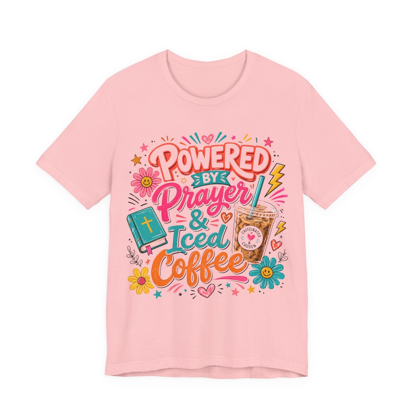 Prayer & Iced Coffee T-Shirt — "Powered by Prayer & Iced Coffee" Christian Tee