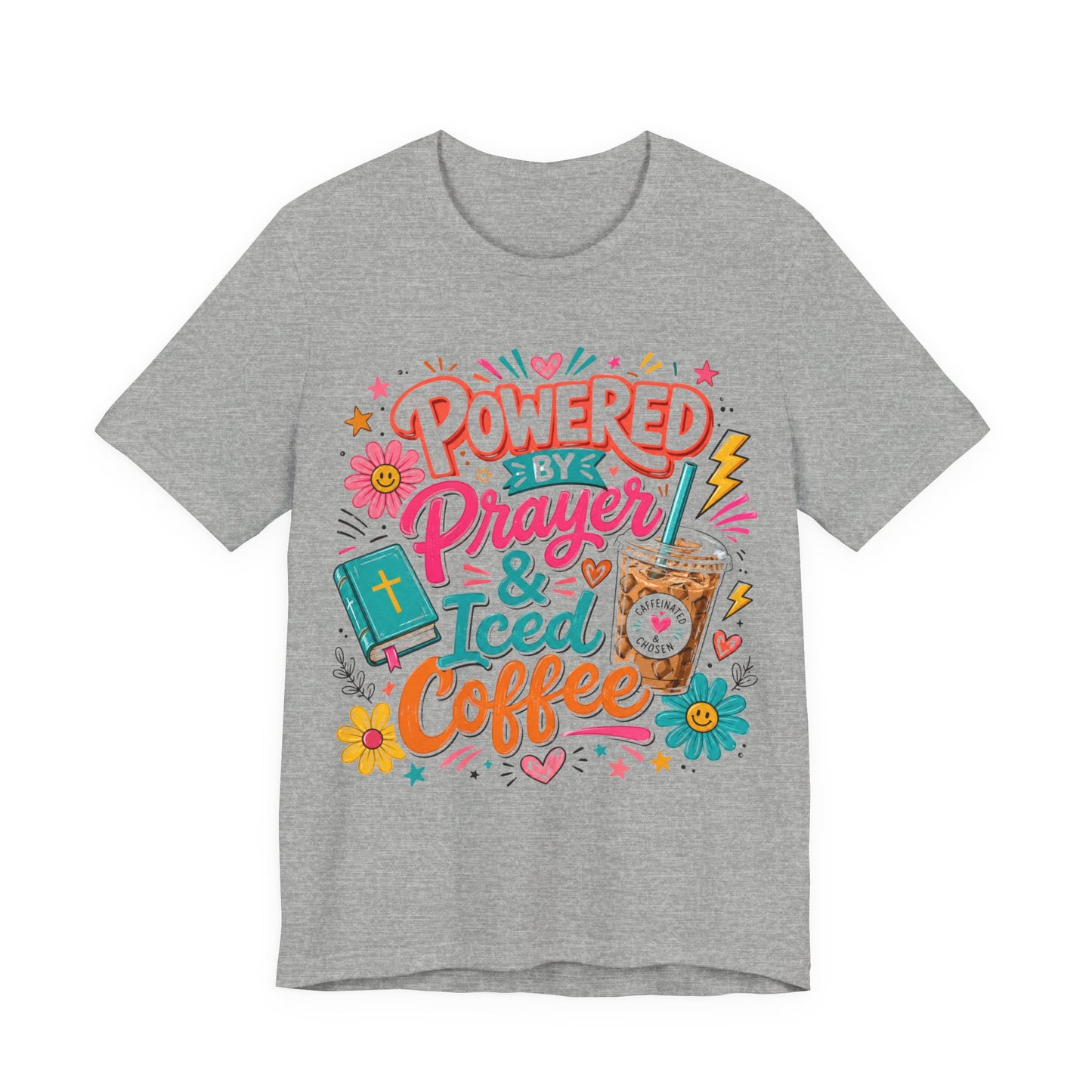 Prayer & Iced Coffee T-Shirt — "Powered by Prayer & Iced Coffee" Christian Tee
