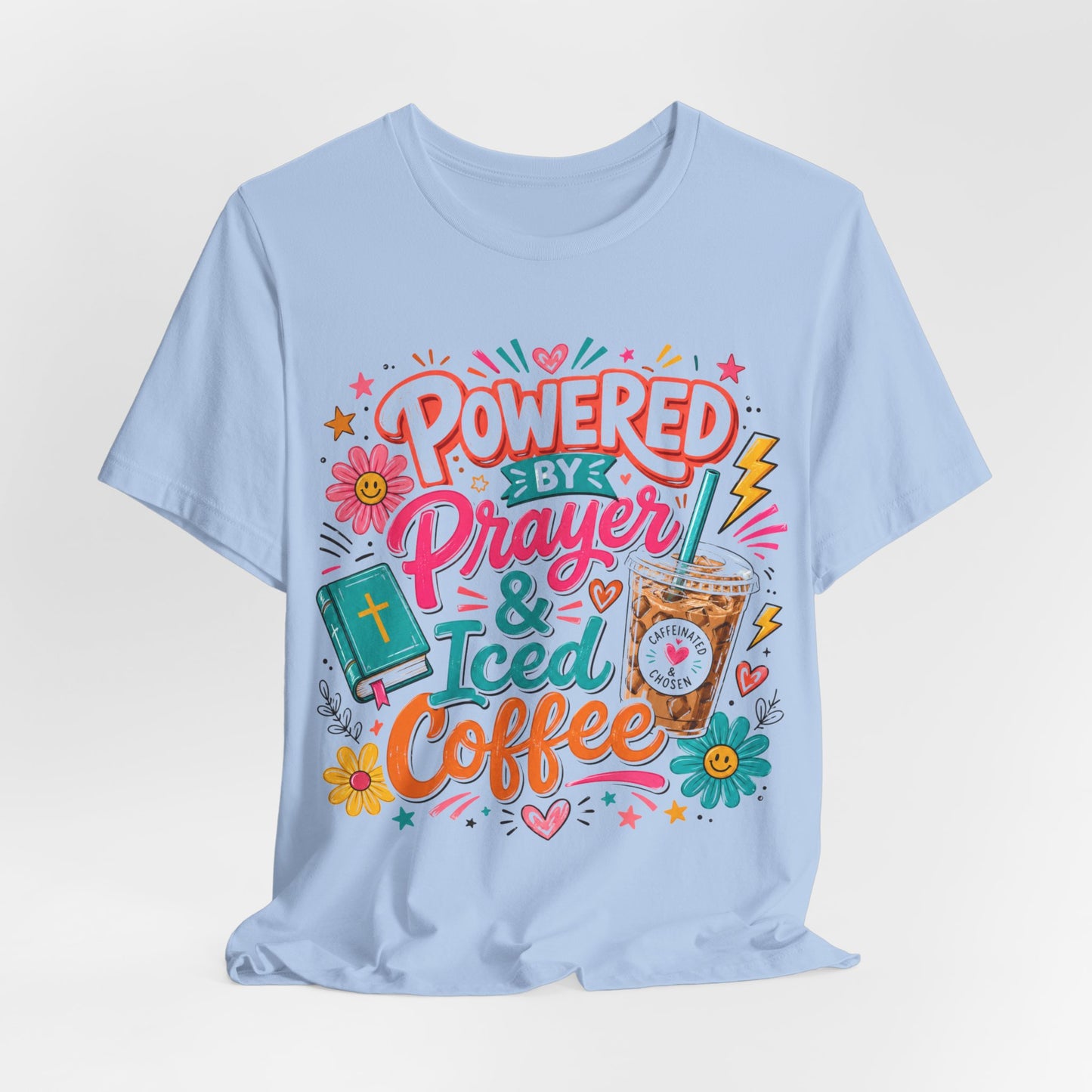 Prayer & Iced Coffee T-Shirt — "Powered by Prayer & Iced Coffee" Christian Tee