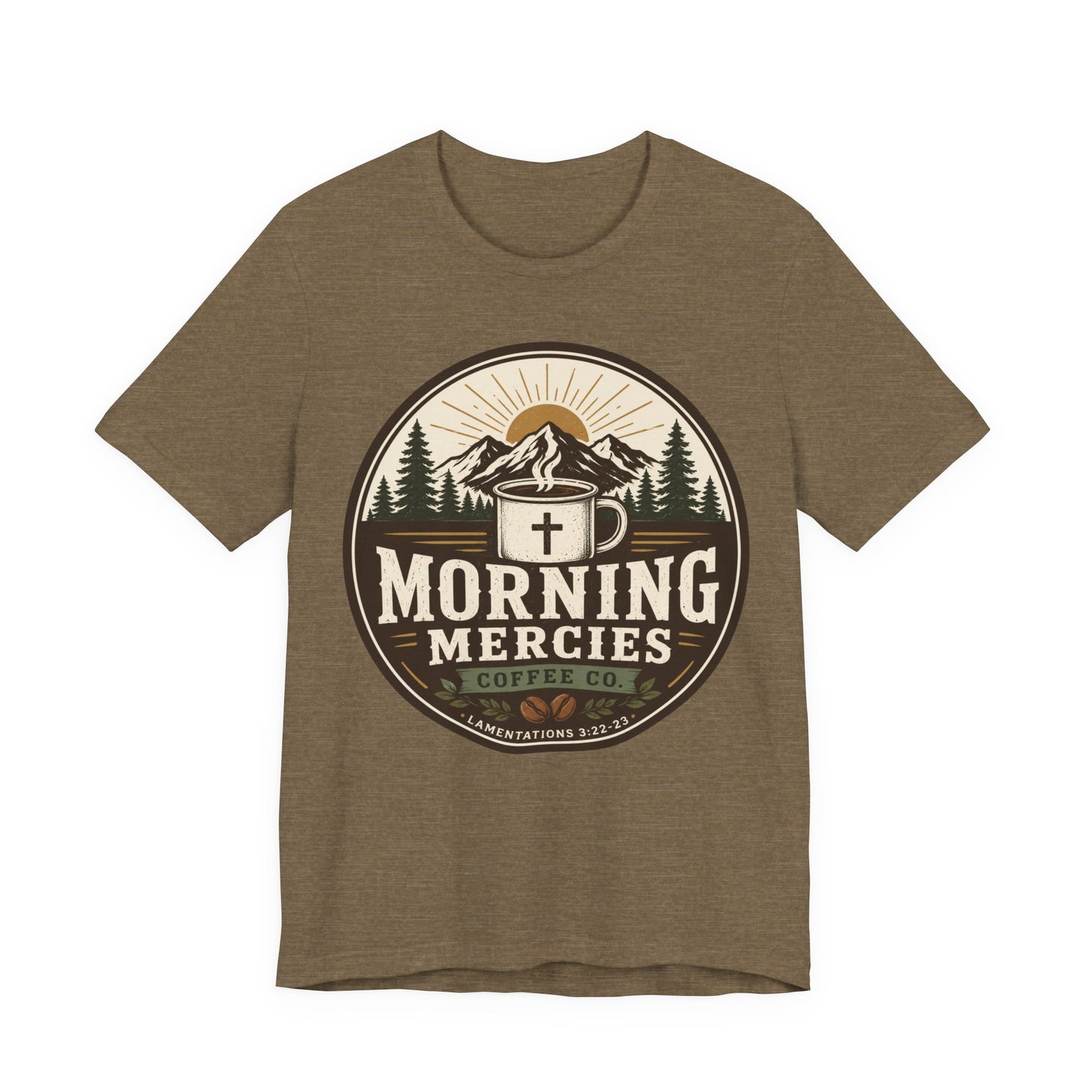 Morning Mercies Coffee Tee — Christian Coffee Shirt with Mountain & Cross Design