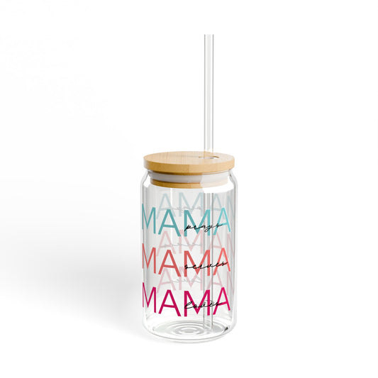 Mama Repeating Pattern Sipper Glass — 16oz Bamboo Lid Straw Tumbler