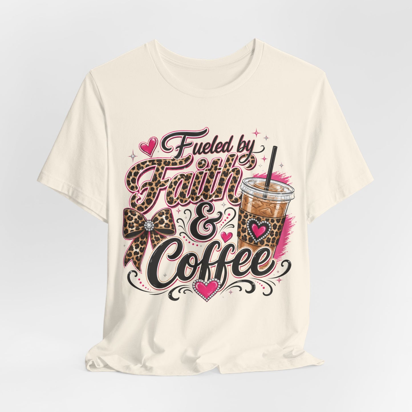 Faith & Coffee Graphic Tee — "Fueled by Faith & Coffee" Leopard Bow Design