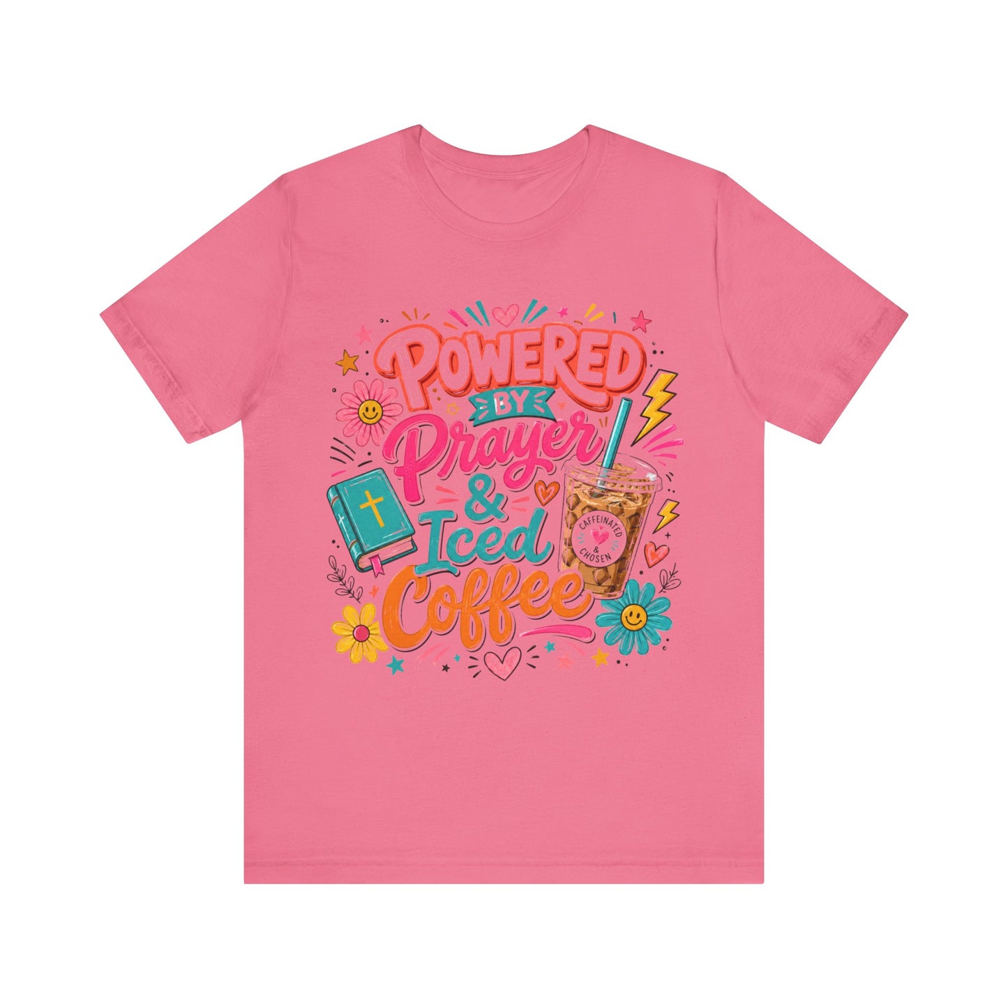 Prayer & Iced Coffee T-Shirt — "Powered by Prayer & Iced Coffee" Christian Tee