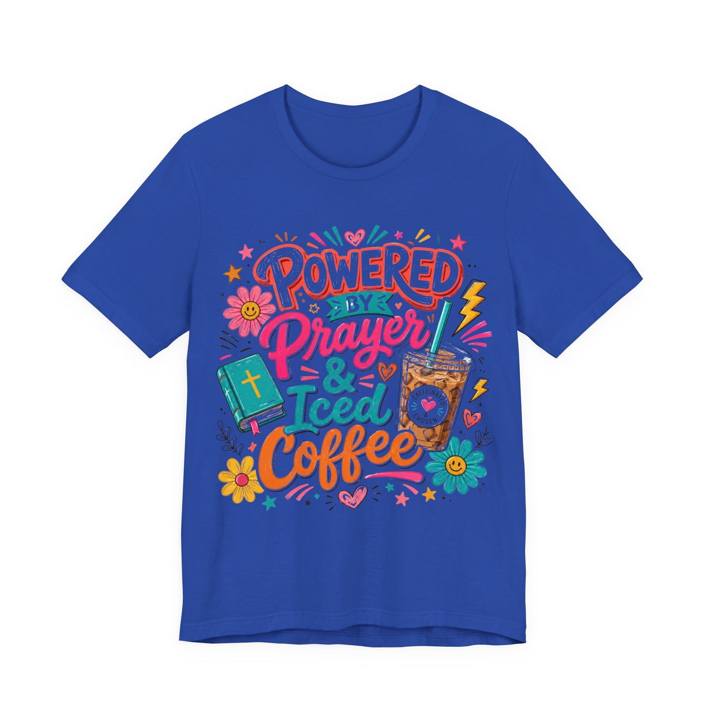 Prayer & Iced Coffee T-Shirt — "Powered by Prayer & Iced Coffee" Christian Tee