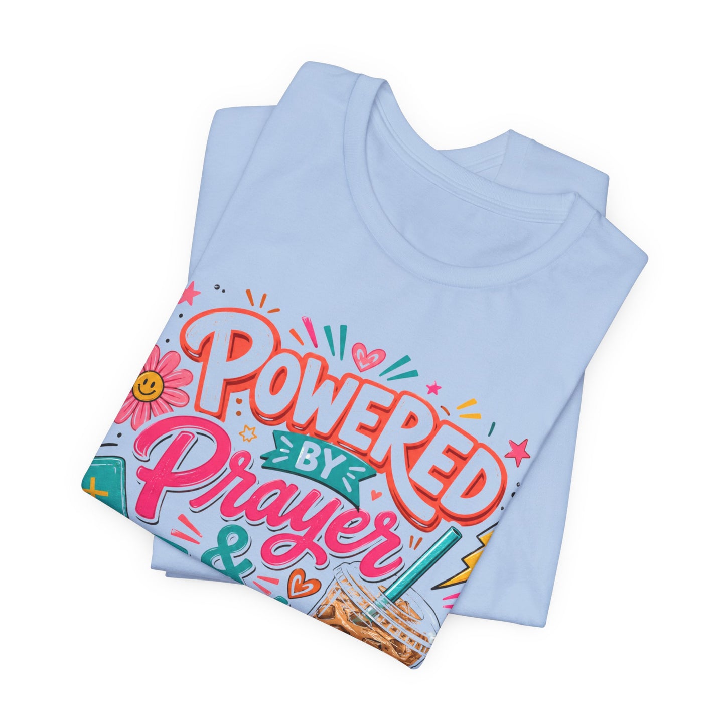 Prayer & Iced Coffee T-Shirt — "Powered by Prayer & Iced Coffee" Christian Tee