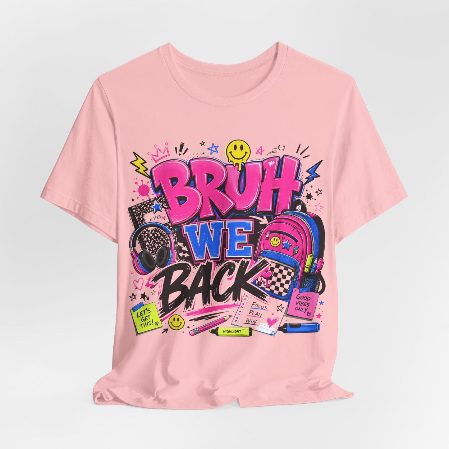 Bruh We Back T-Shirt — Retro School Backpack & Headphones Graphic Tee