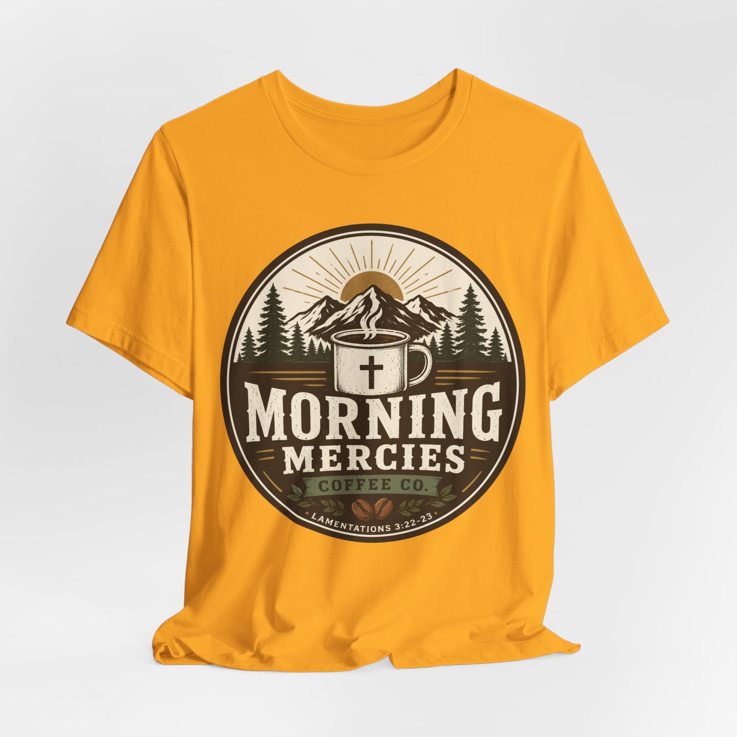 Morning Mercies Coffee Tee — Christian Coffee Shirt with Mountain & Cross Design
