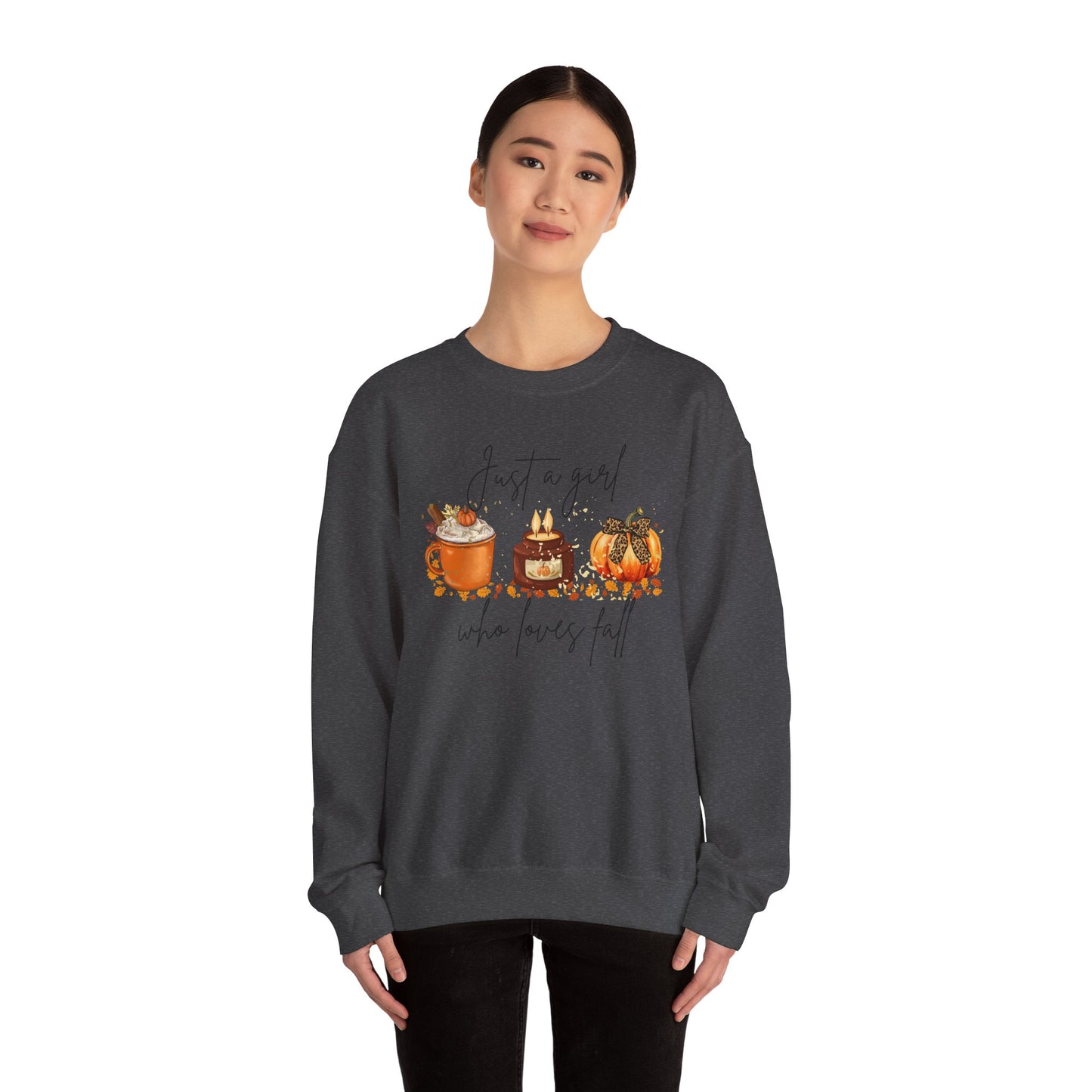 Fall Crewneck Sweatshirt — "Just a Girl Who Loves Fall" Pumpkin & Cozy Drinks Design