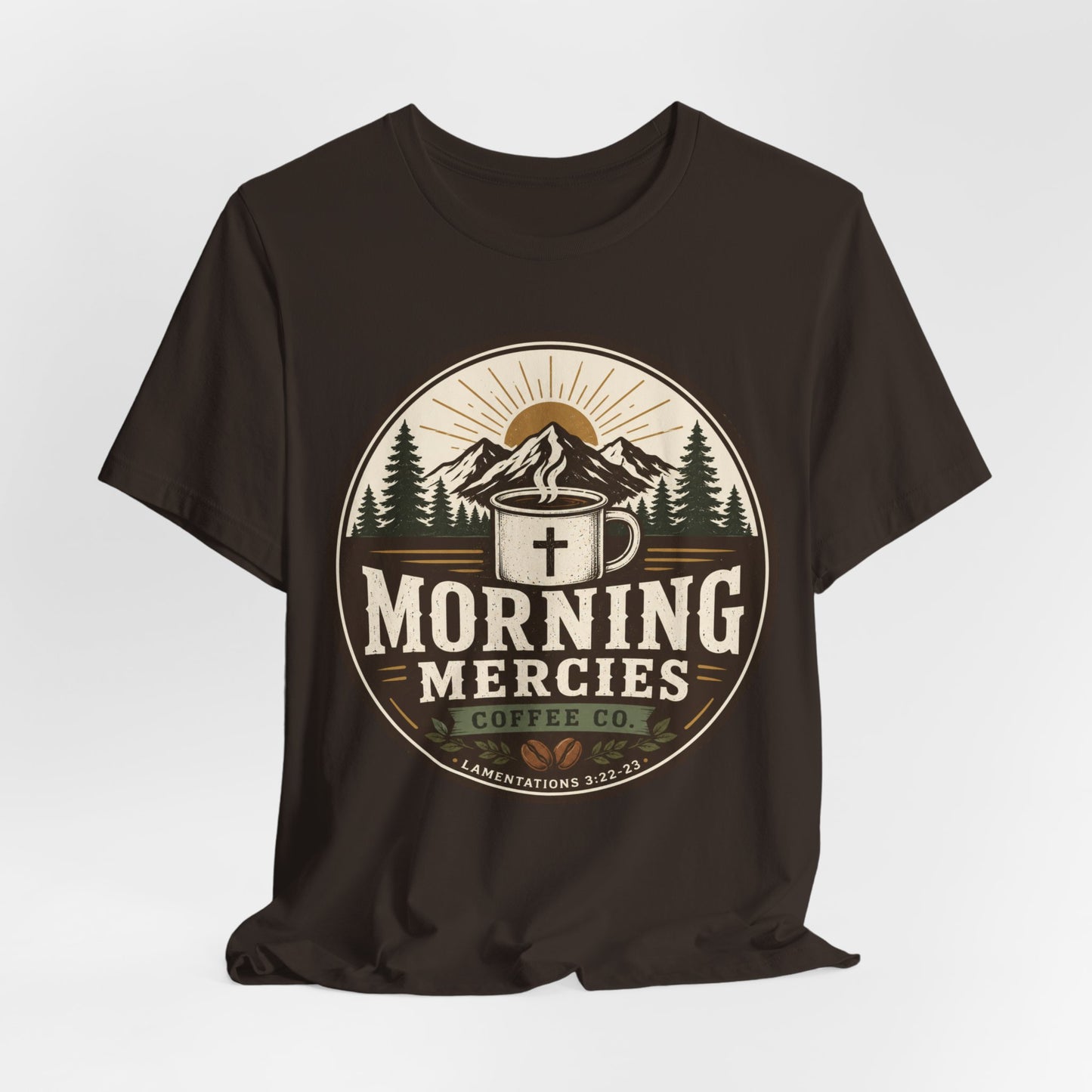 Morning Mercies Coffee Tee — Christian Coffee Shirt with Mountain & Cross Design