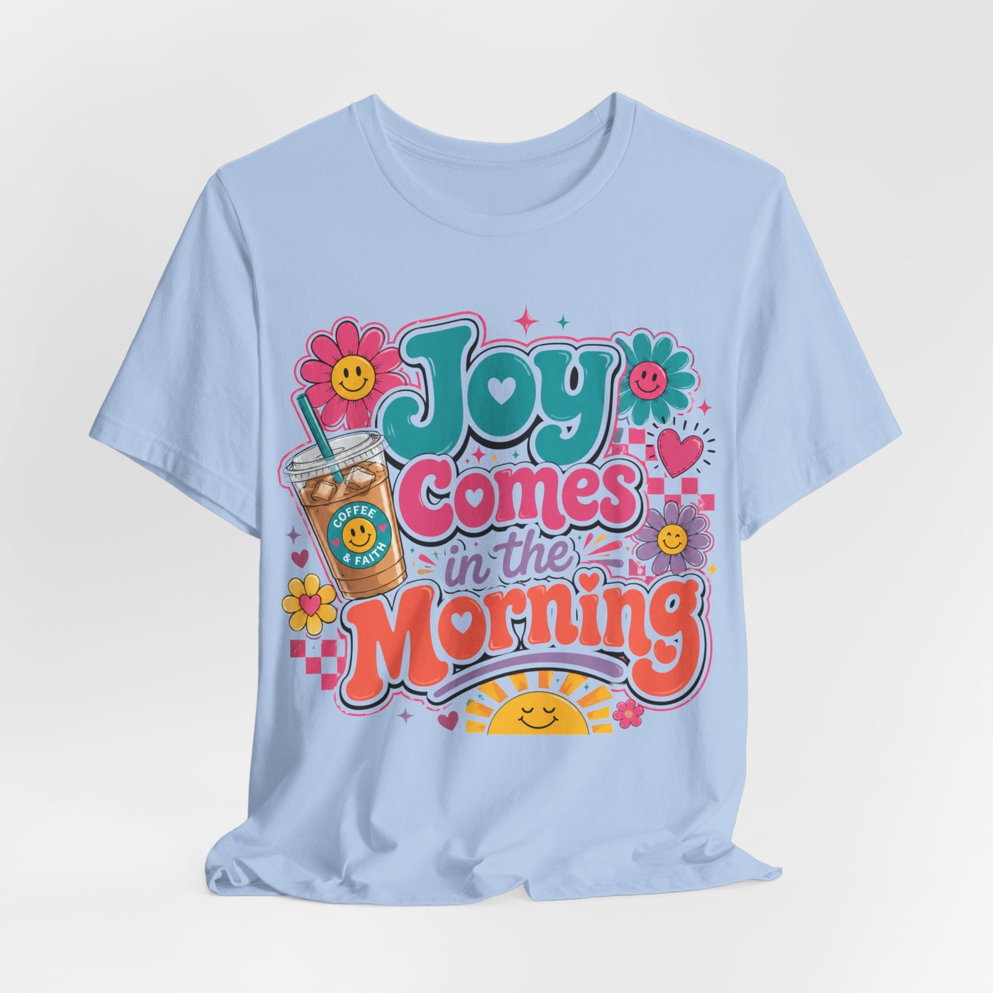 Joy Comes in the Morning Tee — Retro Floral Sunrise Coffee T‑Shirt