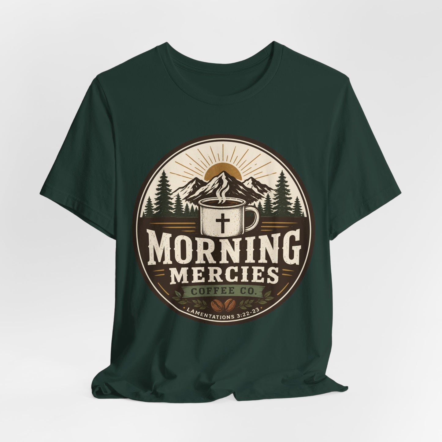 Morning Mercies Coffee Tee — Christian Coffee Shirt with Mountain & Cross Design