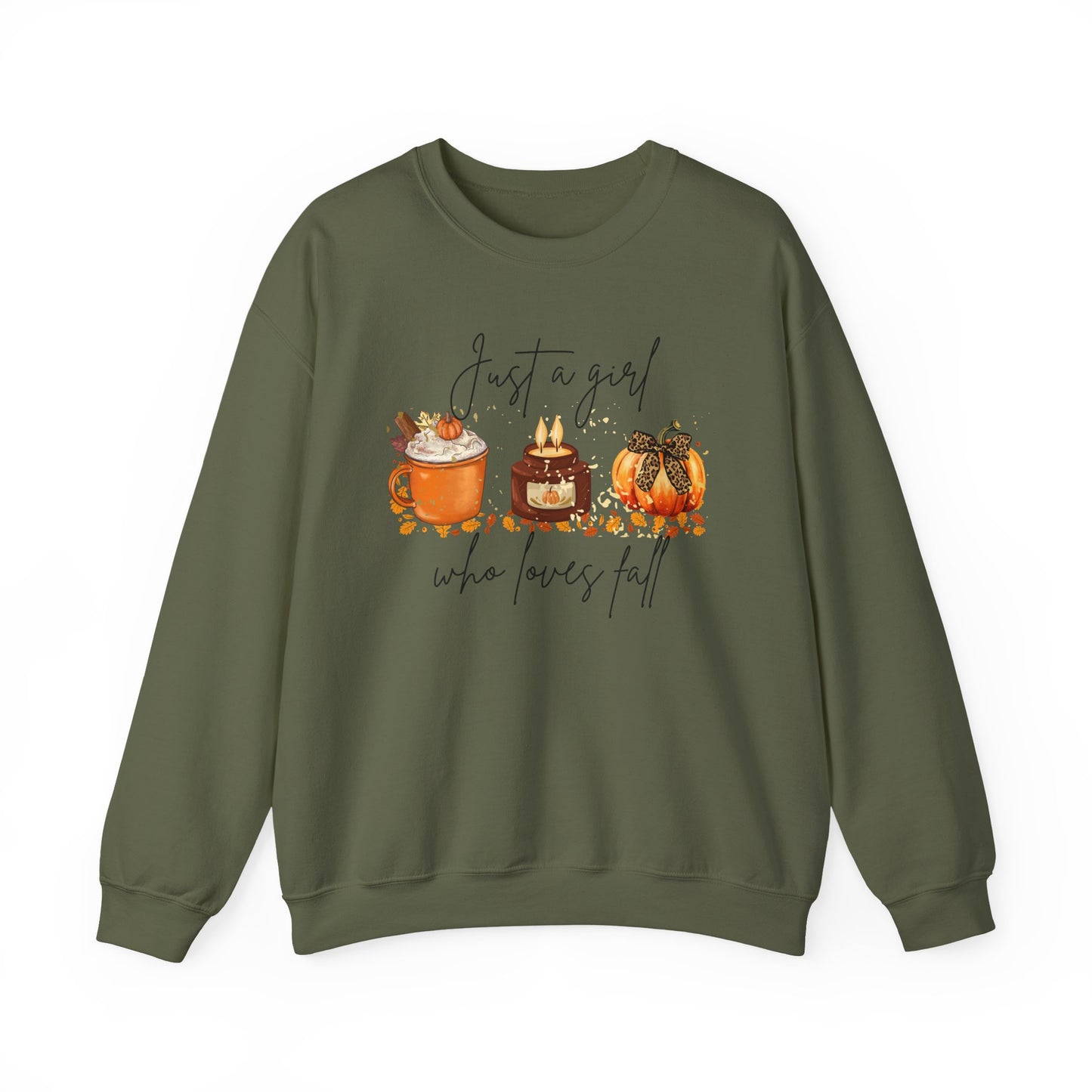 Fall Crewneck Sweatshirt — "Just a Girl Who Loves Fall" Pumpkin & Cozy Drinks Design