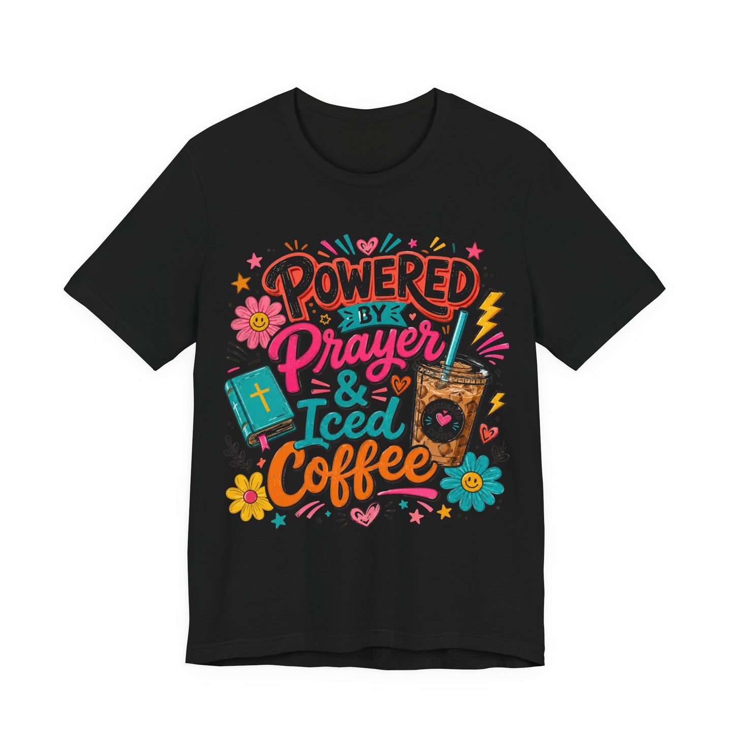 Prayer & Iced Coffee T-Shirt — "Powered by Prayer & Iced Coffee" Christian Tee