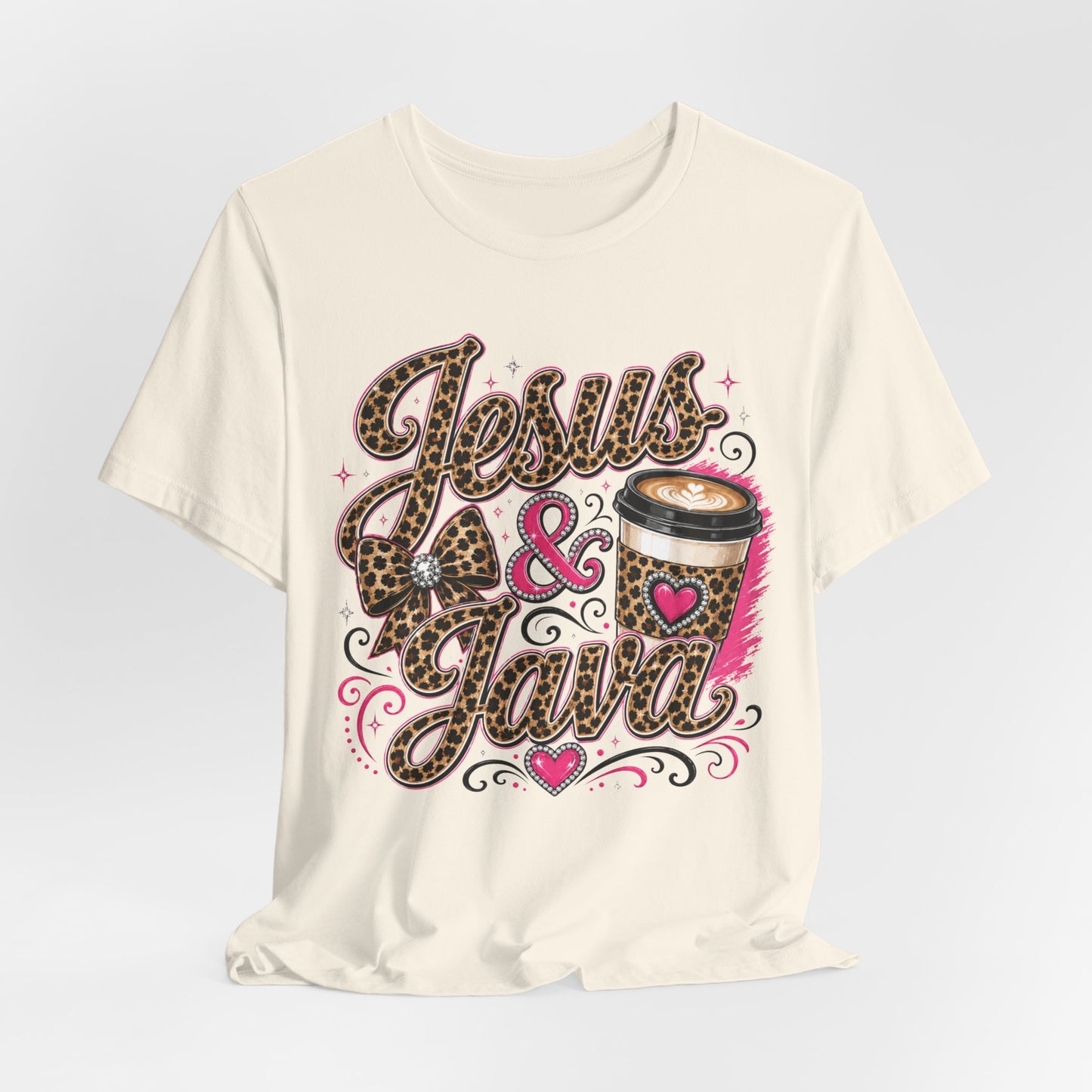Jesus & Java Leopard Coffee Tee — Faith-Inspired Graphic T-Shirt