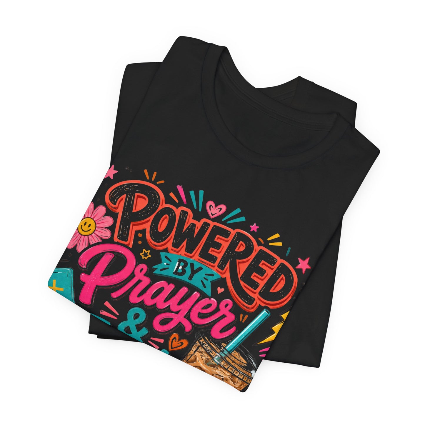Prayer & Iced Coffee T-Shirt — "Powered by Prayer & Iced Coffee" Christian Tee