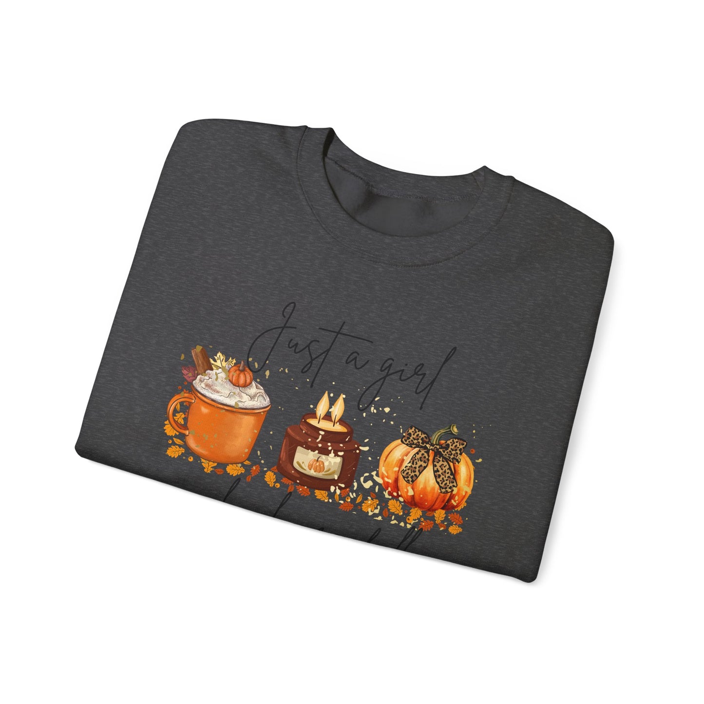 Fall Crewneck Sweatshirt — "Just a Girl Who Loves Fall" Pumpkin & Cozy Drinks Design