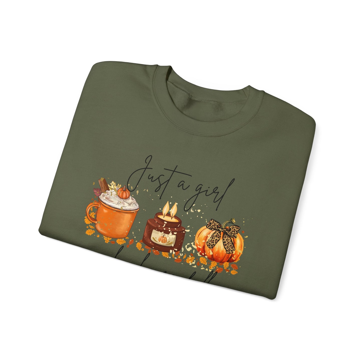 Fall Crewneck Sweatshirt — "Just a Girl Who Loves Fall" Pumpkin & Cozy Drinks Design