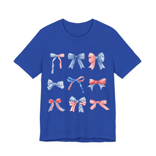 Patriotic Bow Pattern Tee — Red, White & Blue Ribbon Graphic T-Shirt