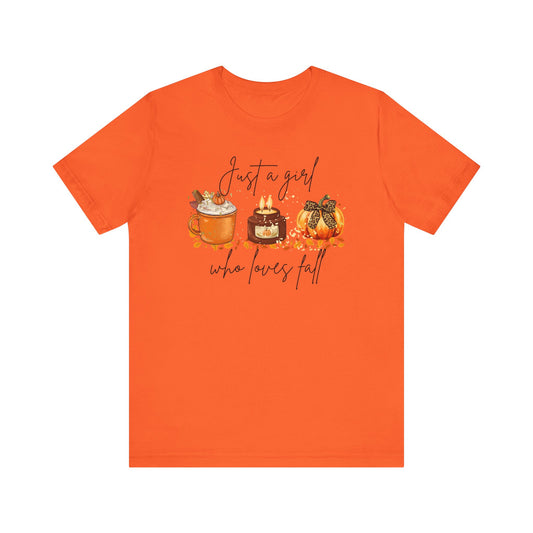Fall Graphic Tee — "Just a Girl Who Loves Fall" Pumpkin Spice Shirt