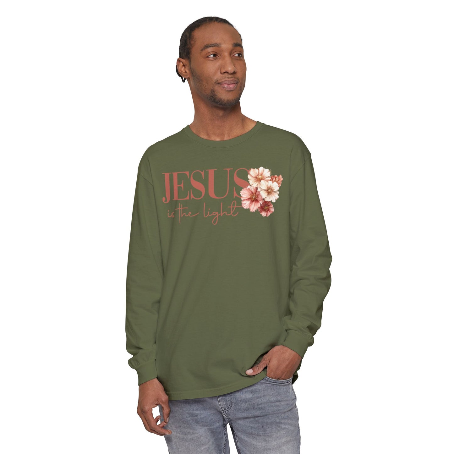 Jesus Is the Light Floral Cross Long Sleeve Tee