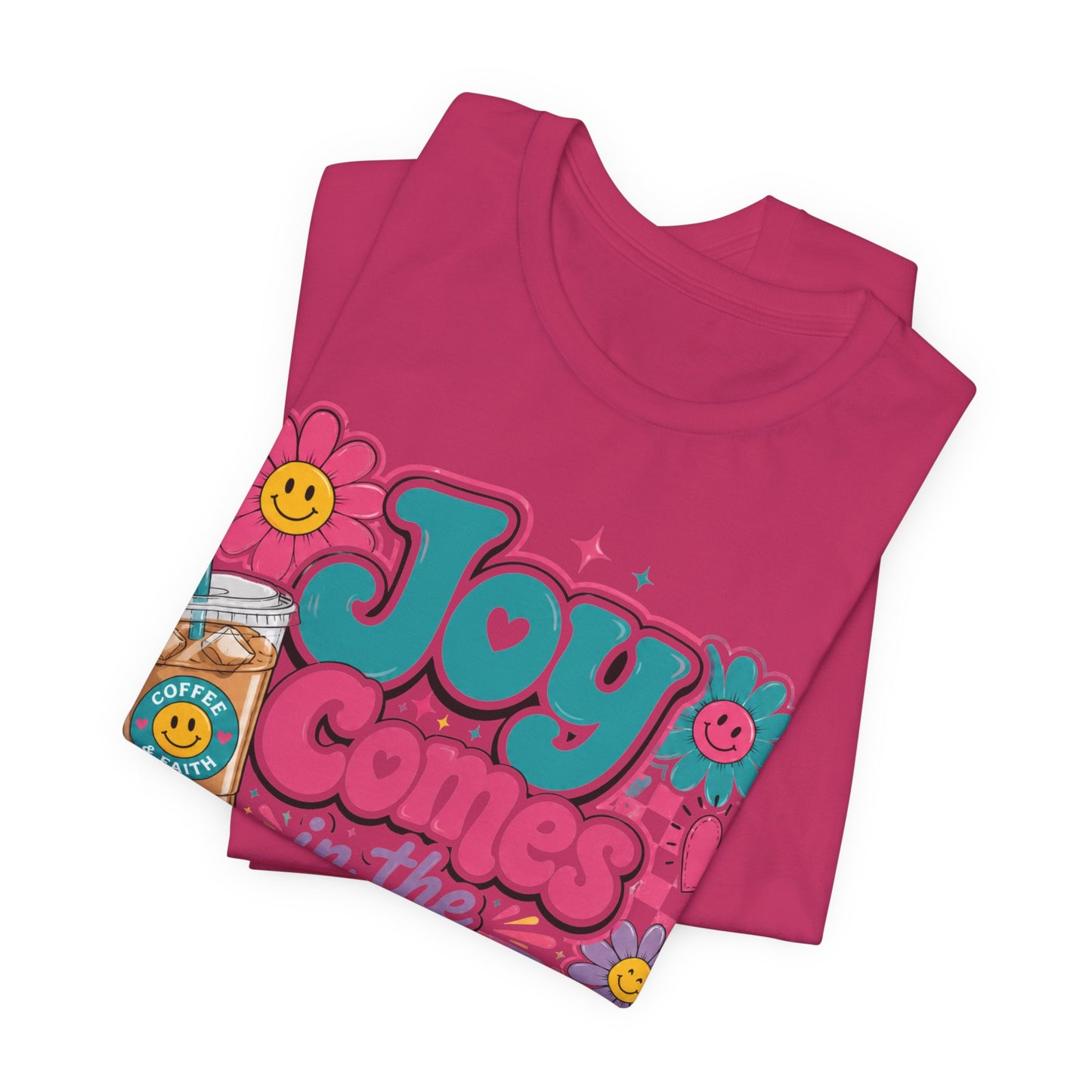 Joy Comes in the Morning Tee — Retro Floral Sunrise Coffee T‑Shirt