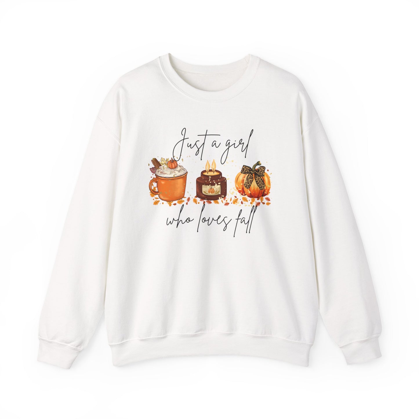 Fall Crewneck Sweatshirt — "Just a Girl Who Loves Fall" Pumpkin & Cozy Drinks Design