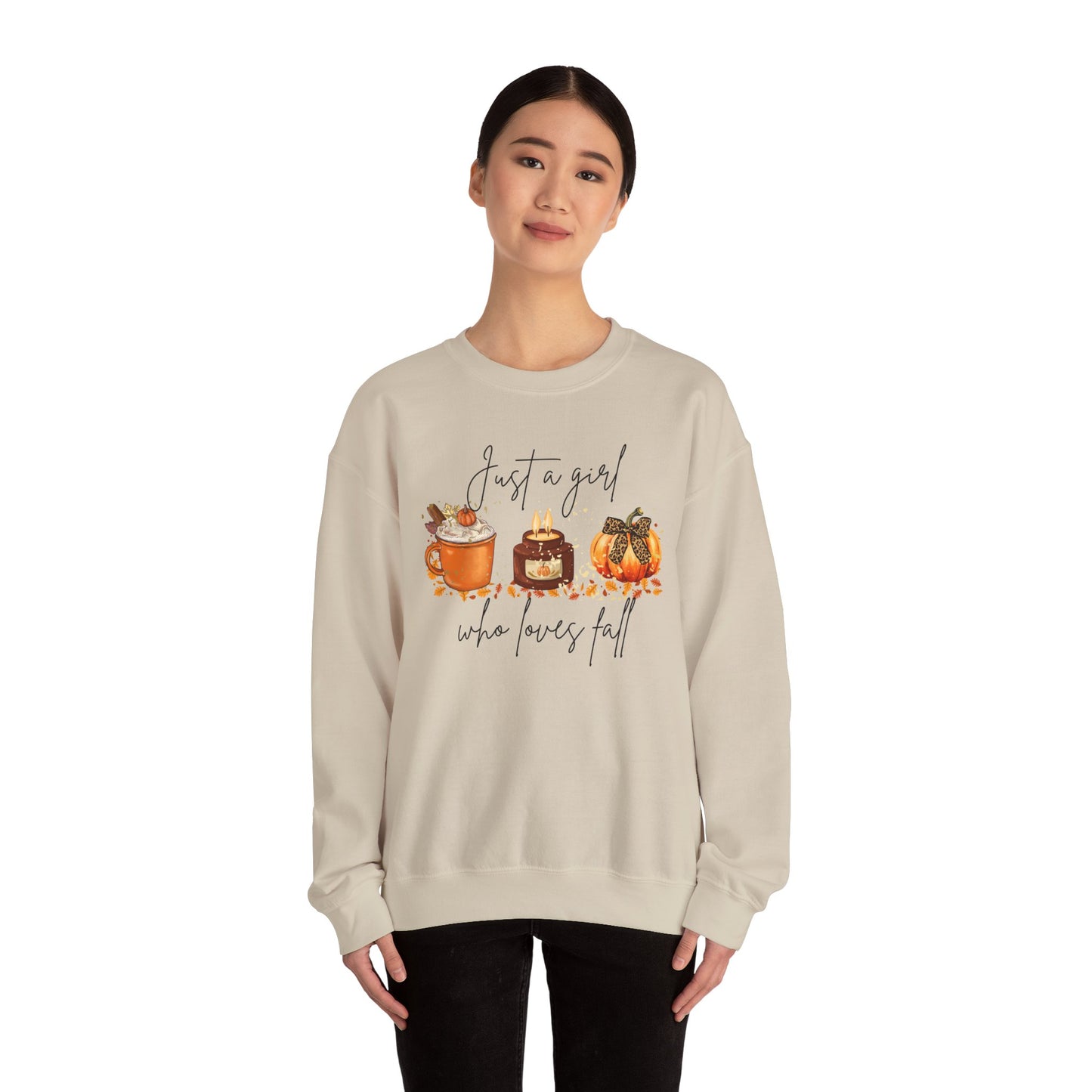 Fall Crewneck Sweatshirt — "Just a Girl Who Loves Fall" Pumpkin & Cozy Drinks Design