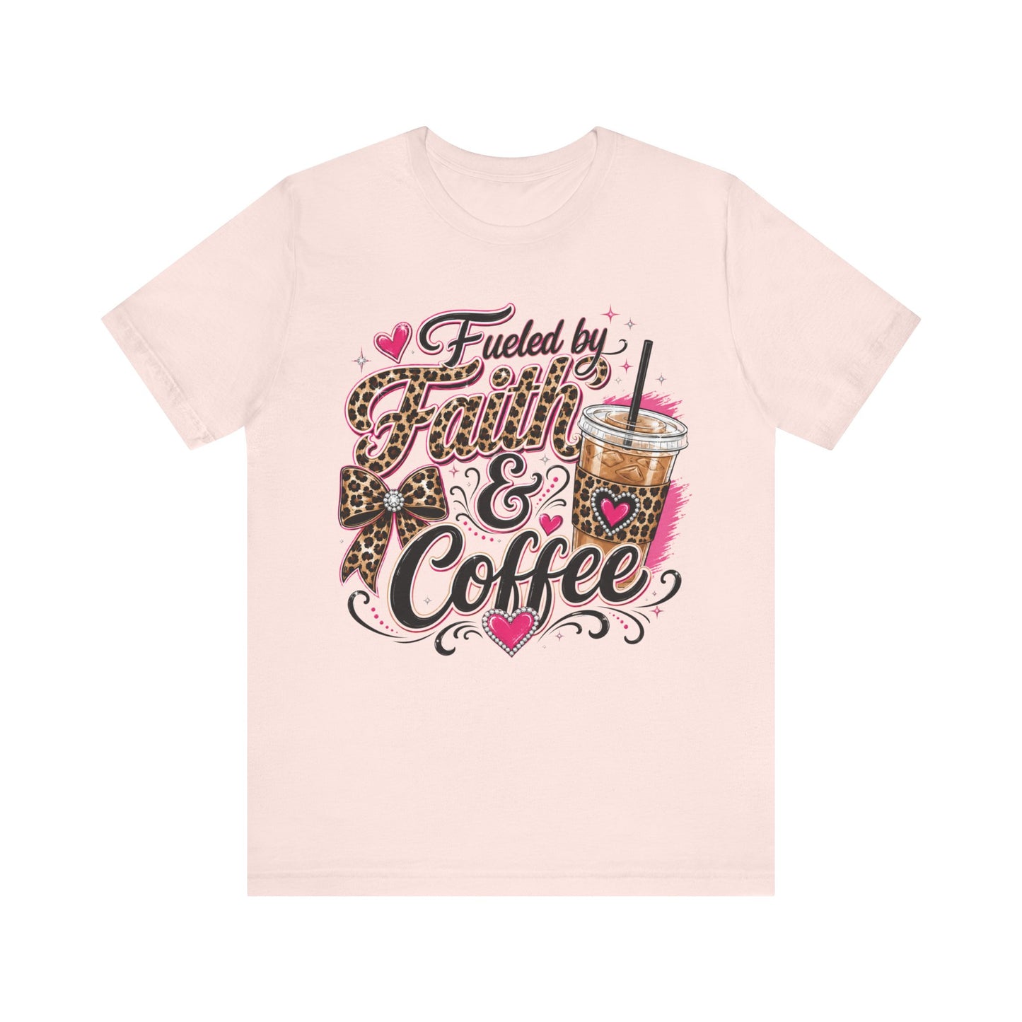 Faith & Coffee Graphic Tee — "Fueled by Faith & Coffee" Leopard Bow Design