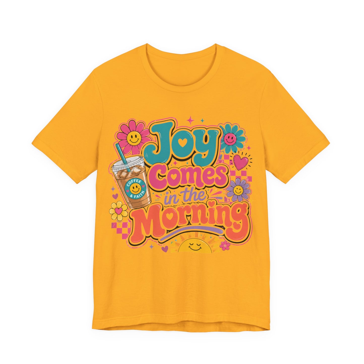Joy Comes in the Morning Tee — Retro Floral Sunrise Coffee T‑Shirt