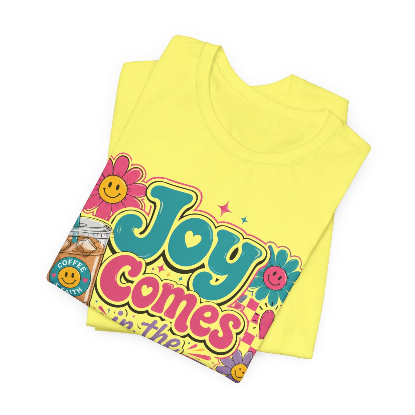 Joy Comes in the Morning Tee — Retro Floral Sunrise Coffee T‑Shirt