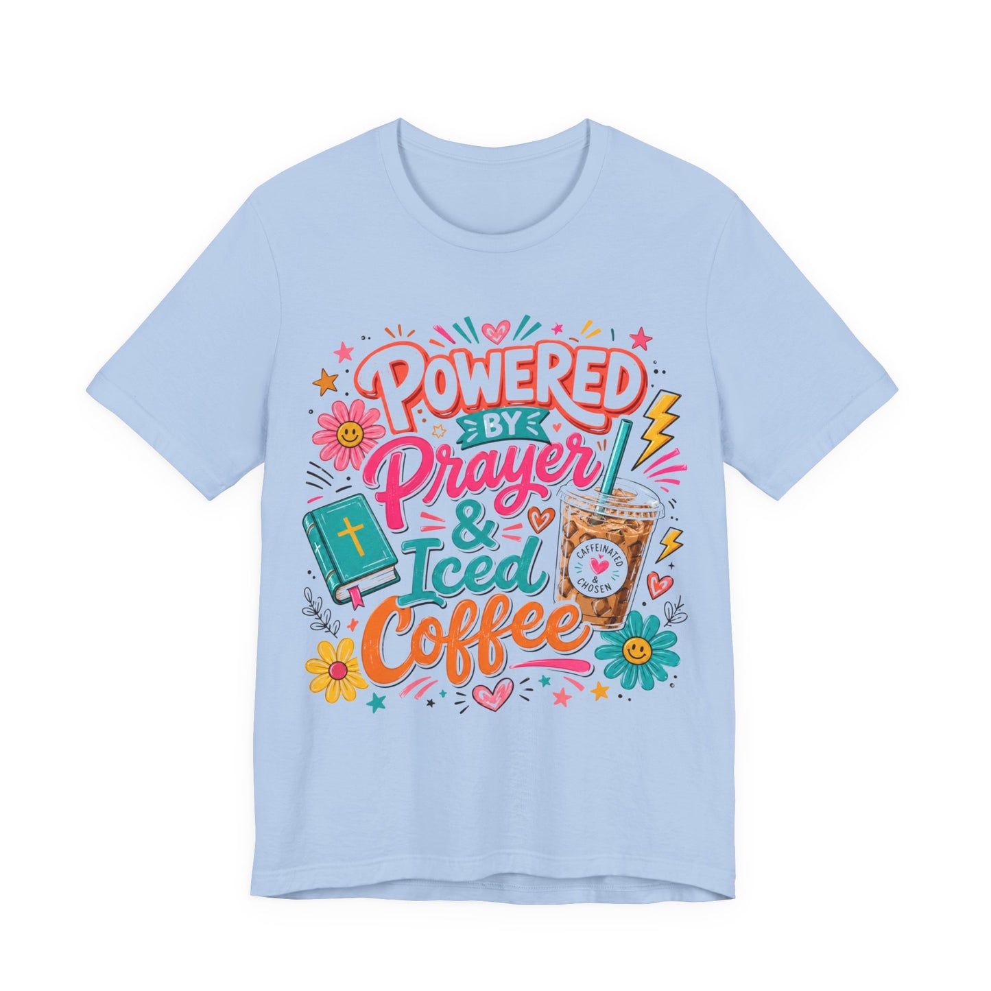 Prayer & Iced Coffee T-Shirt — "Powered by Prayer & Iced Coffee" Christian Tee