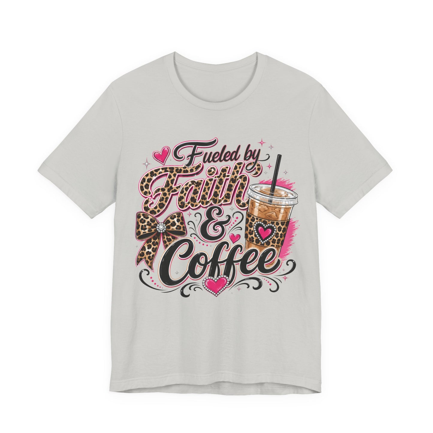 Faith & Coffee Graphic Tee — "Fueled by Faith & Coffee" Leopard Bow Design