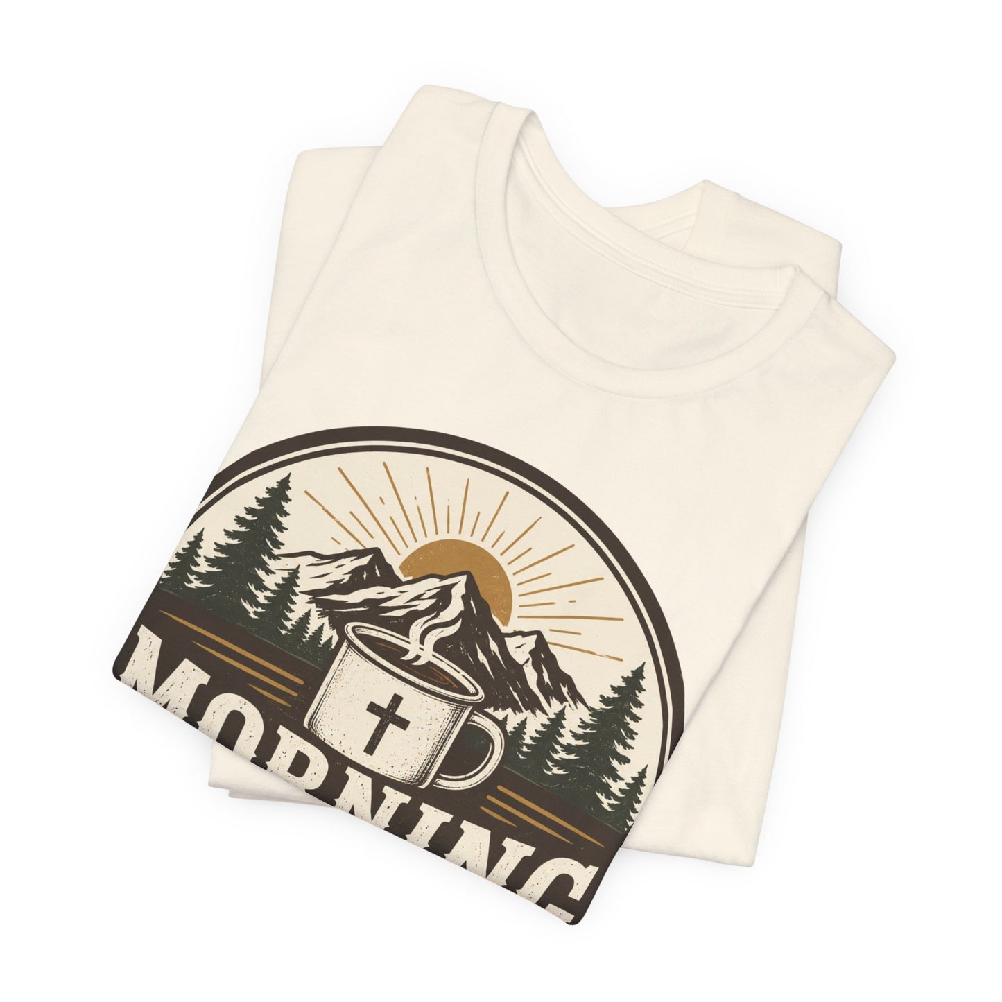 Morning Mercies Coffee Tee — Christian Coffee Shirt with Mountain & Cross Design