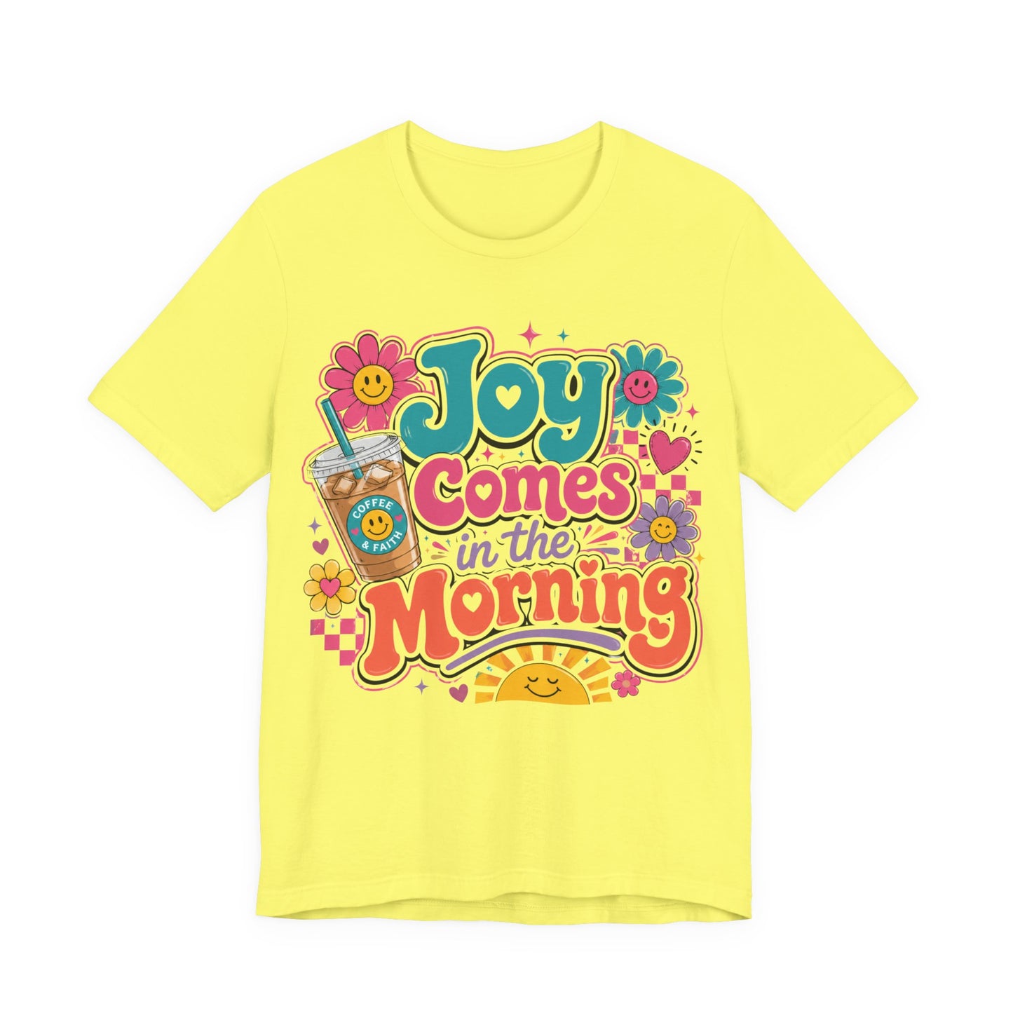 Joy Comes in the Morning Tee — Retro Floral Sunrise Coffee T‑Shirt