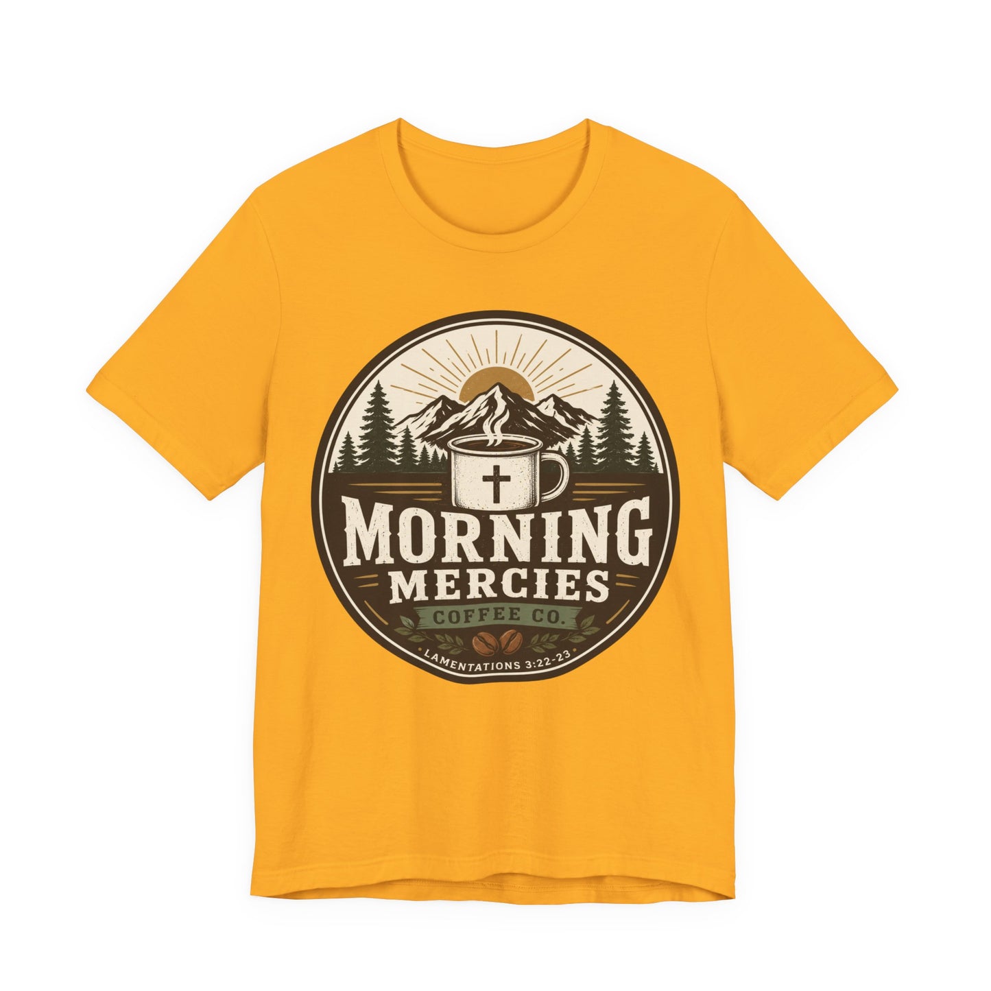 Morning Mercies Coffee Tee — Christian Coffee Shirt with Mountain & Cross Design