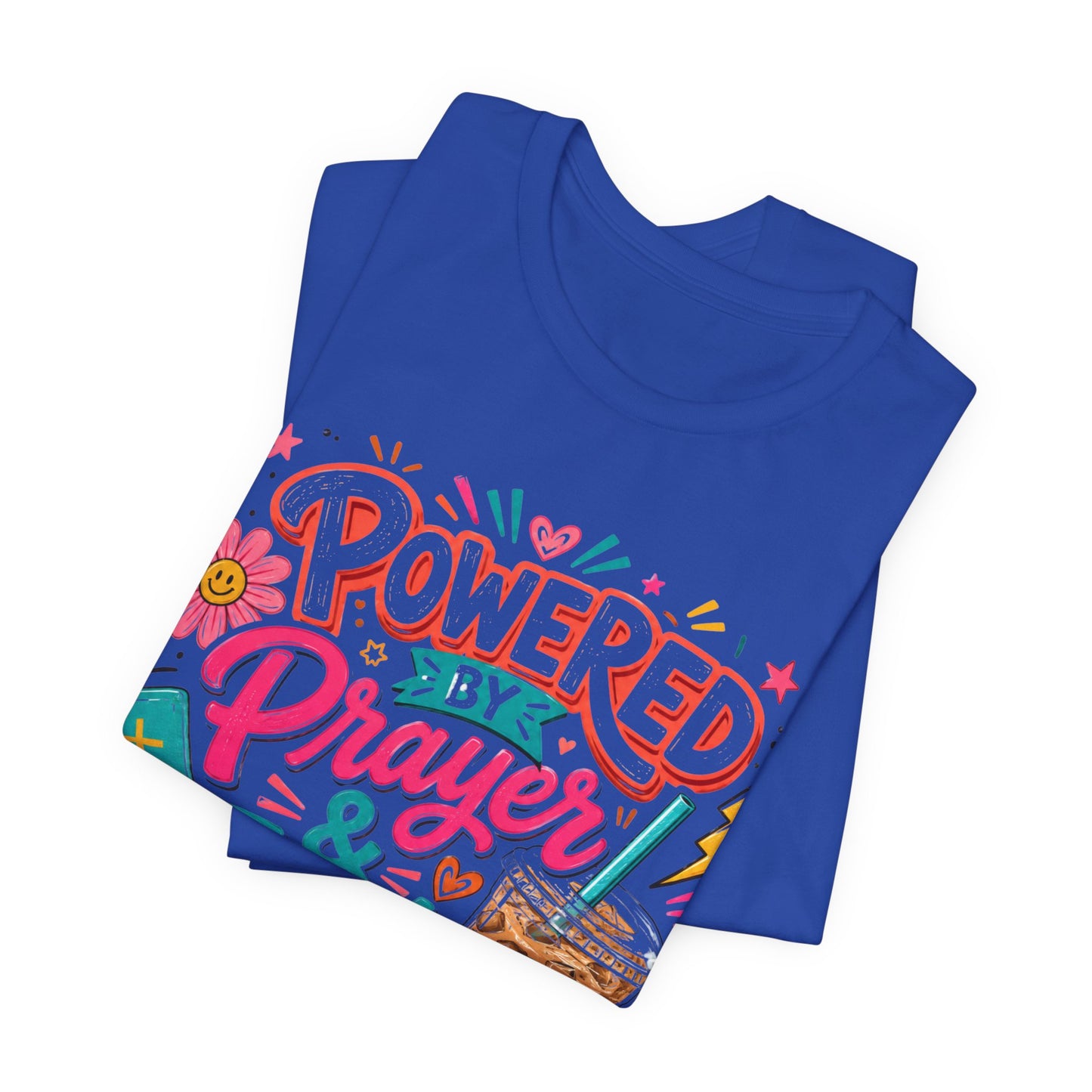 Prayer & Iced Coffee T-Shirt — "Powered by Prayer & Iced Coffee" Christian Tee