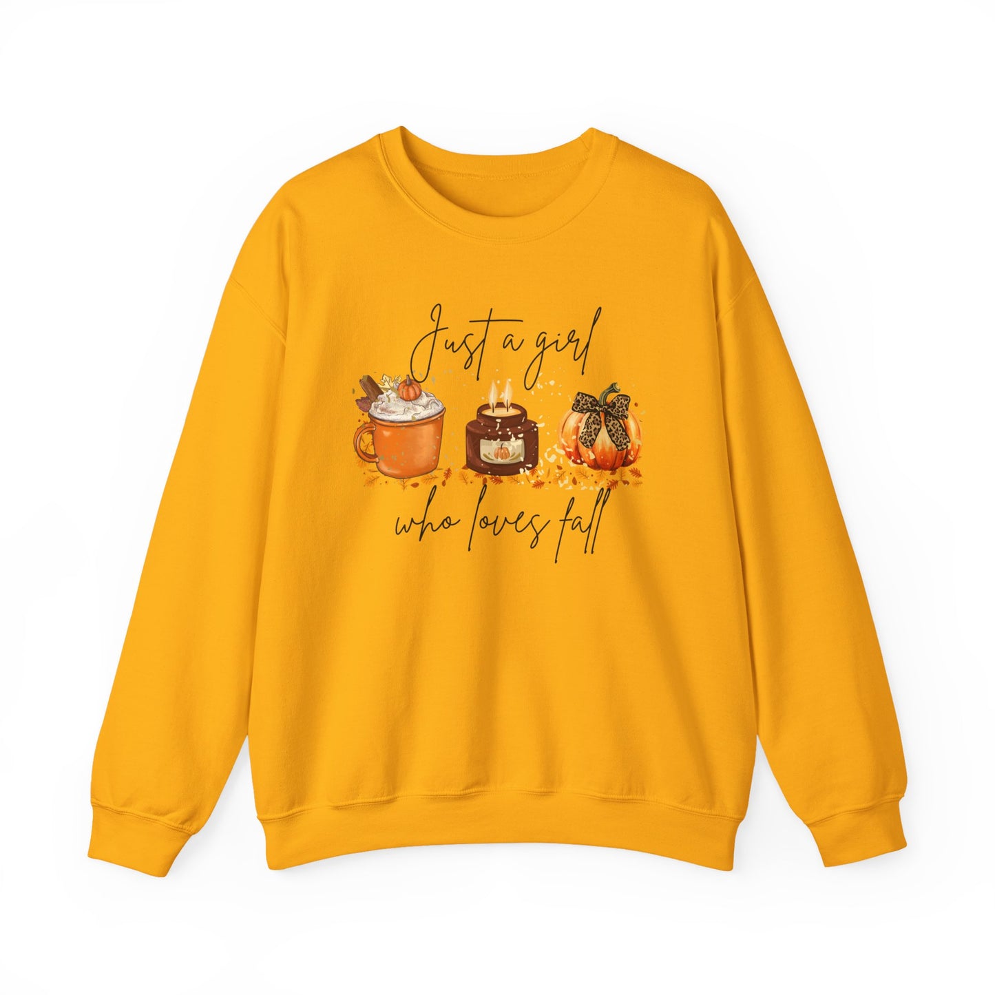Fall Crewneck Sweatshirt — "Just a Girl Who Loves Fall" Pumpkin & Cozy Drinks Design
