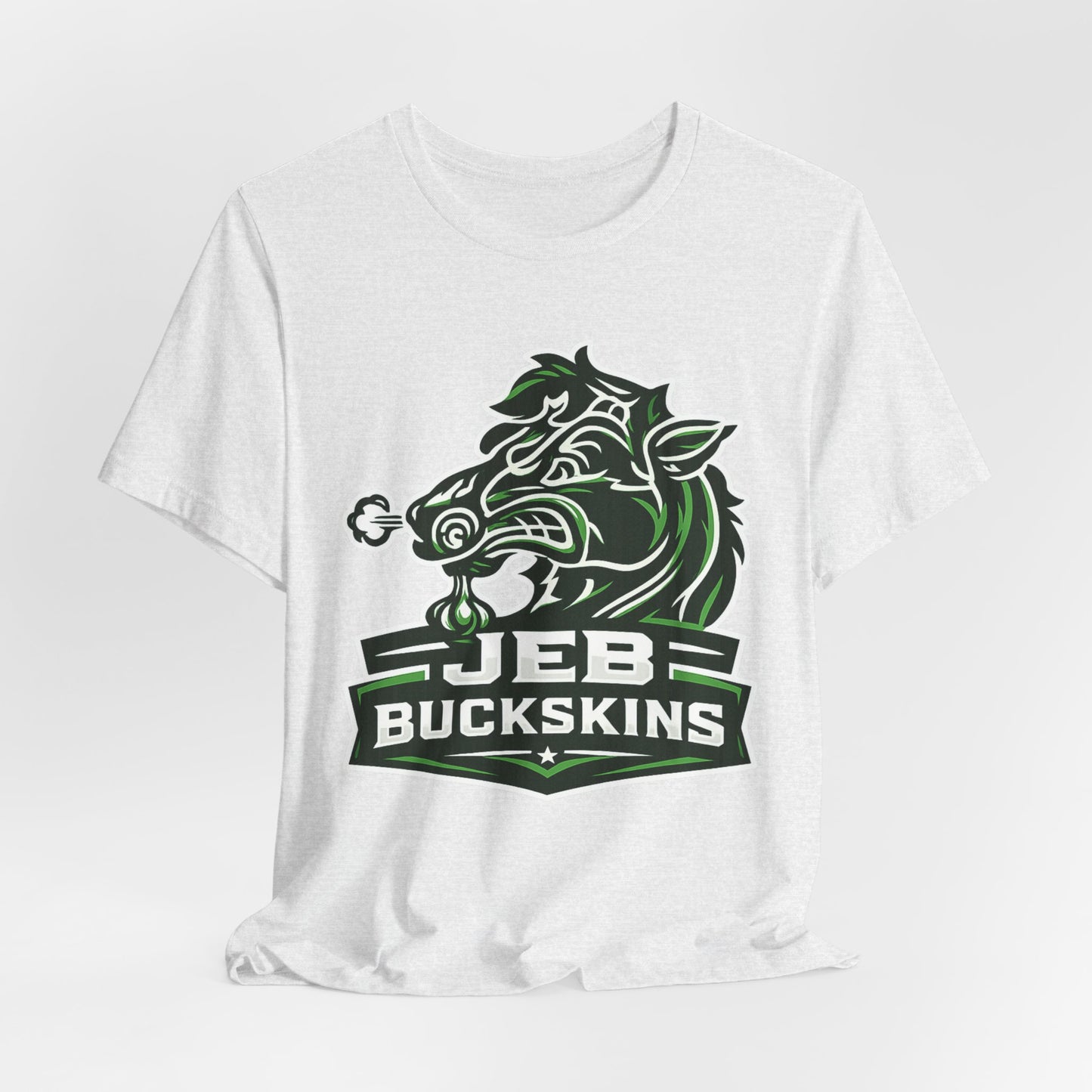 Jeb Buckskins Team Logo T-Shirt — Mascot Sports Tee (White)