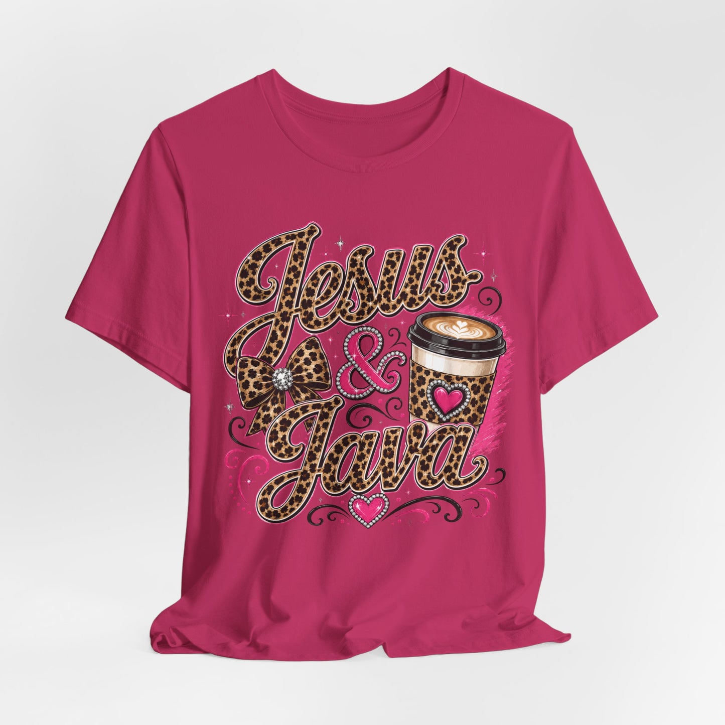Jesus & Java Leopard Coffee Tee — Faith-Inspired Graphic T-Shirt
