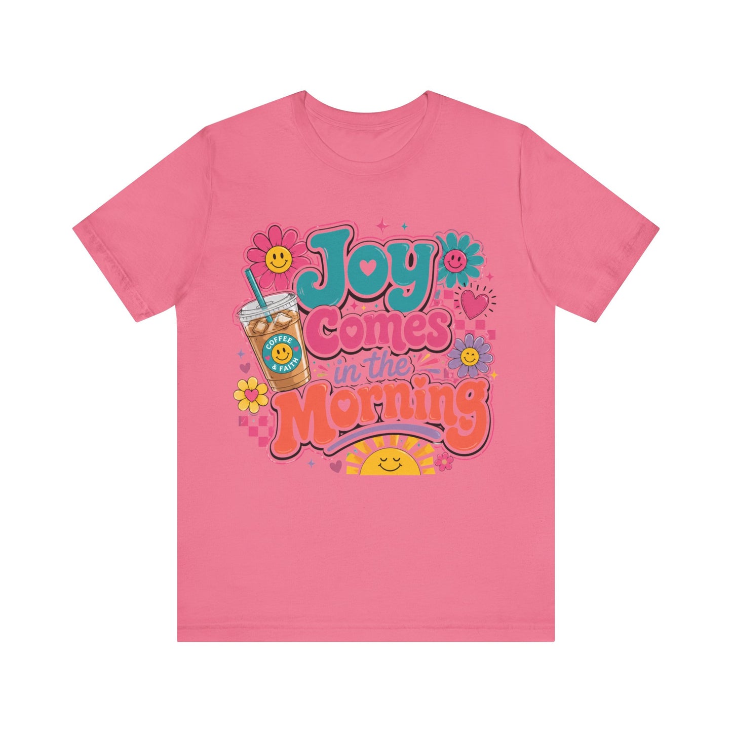 Joy Comes in the Morning Tee — Retro Floral Sunrise Coffee T‑Shirt